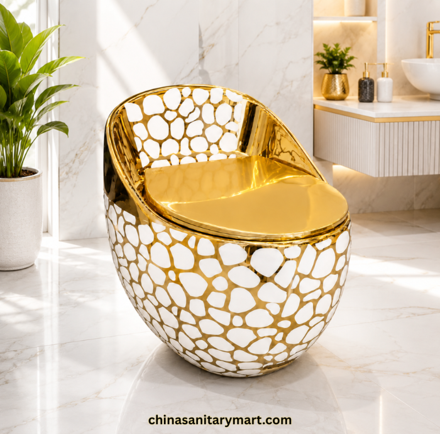 Golden Bubble Print Egg Shape Commode, 26x18 inch golden toilet, luxury designer commode, golden egg shape toilet, white bubble print commode