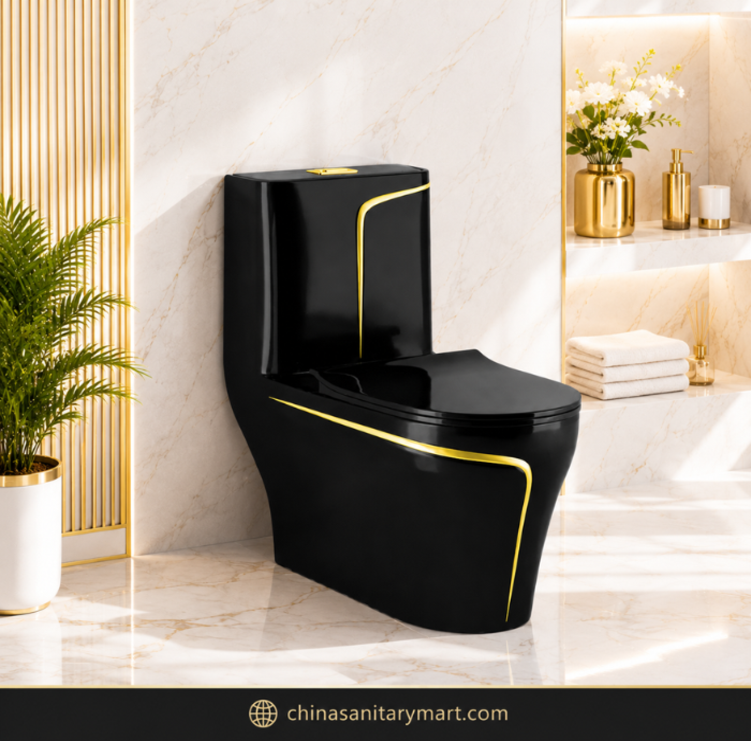Black Gold Commode SH-2858, luxury black gold toilet, designer one piece commode, black commode with gold line, modern luxury toilet