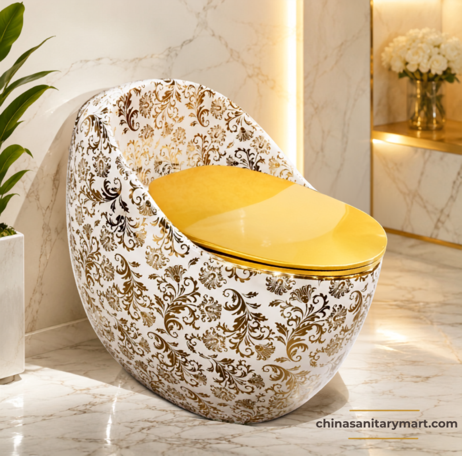 Golden Leaf Print Egg Shape Commode 26x18, white gold designer toilet, luxury egg shape commode, golden leaf print toilet, golden seat cover commode
