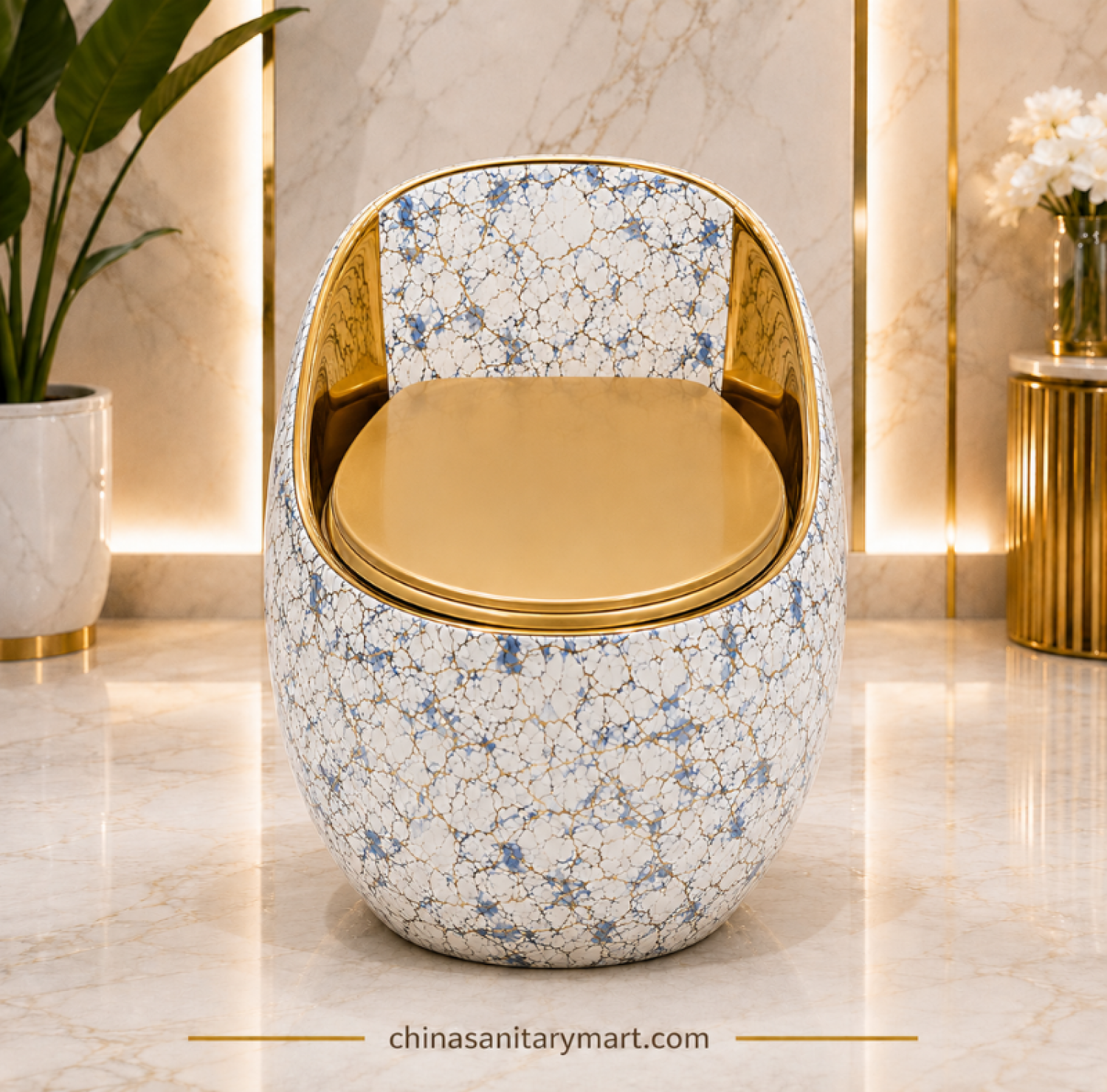 Golden Blue Print Egg Shape Commode 26x18, blue gold designer toilet, luxury egg shape commode, golden seat cover toilet, decorative blue gold commode