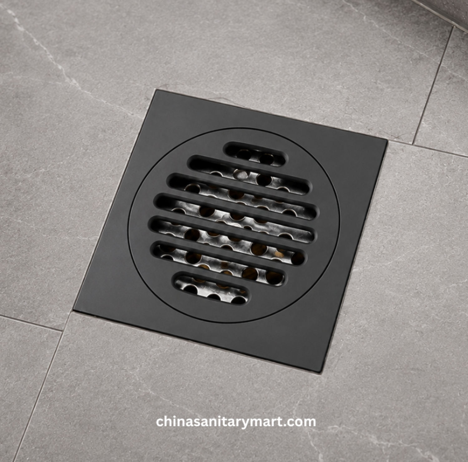 5x5 Inch FT Model B1 Matte Black Bathroom Floor Drain, matte black floor drain, black bathroom drain, round slotted shower drain