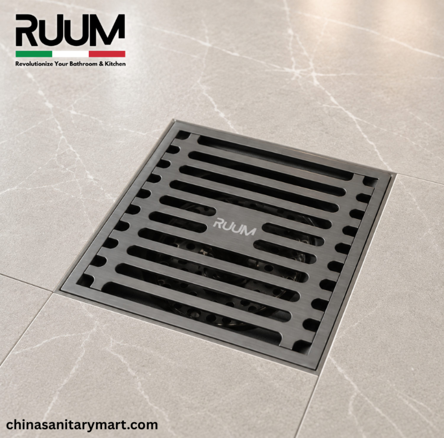 5x5 Inch RUUM VIP Model Bathroom Drain, RUUM VIP floor drain, matte black bathroom drain, square shower drain, RUUM bathroom floor drain