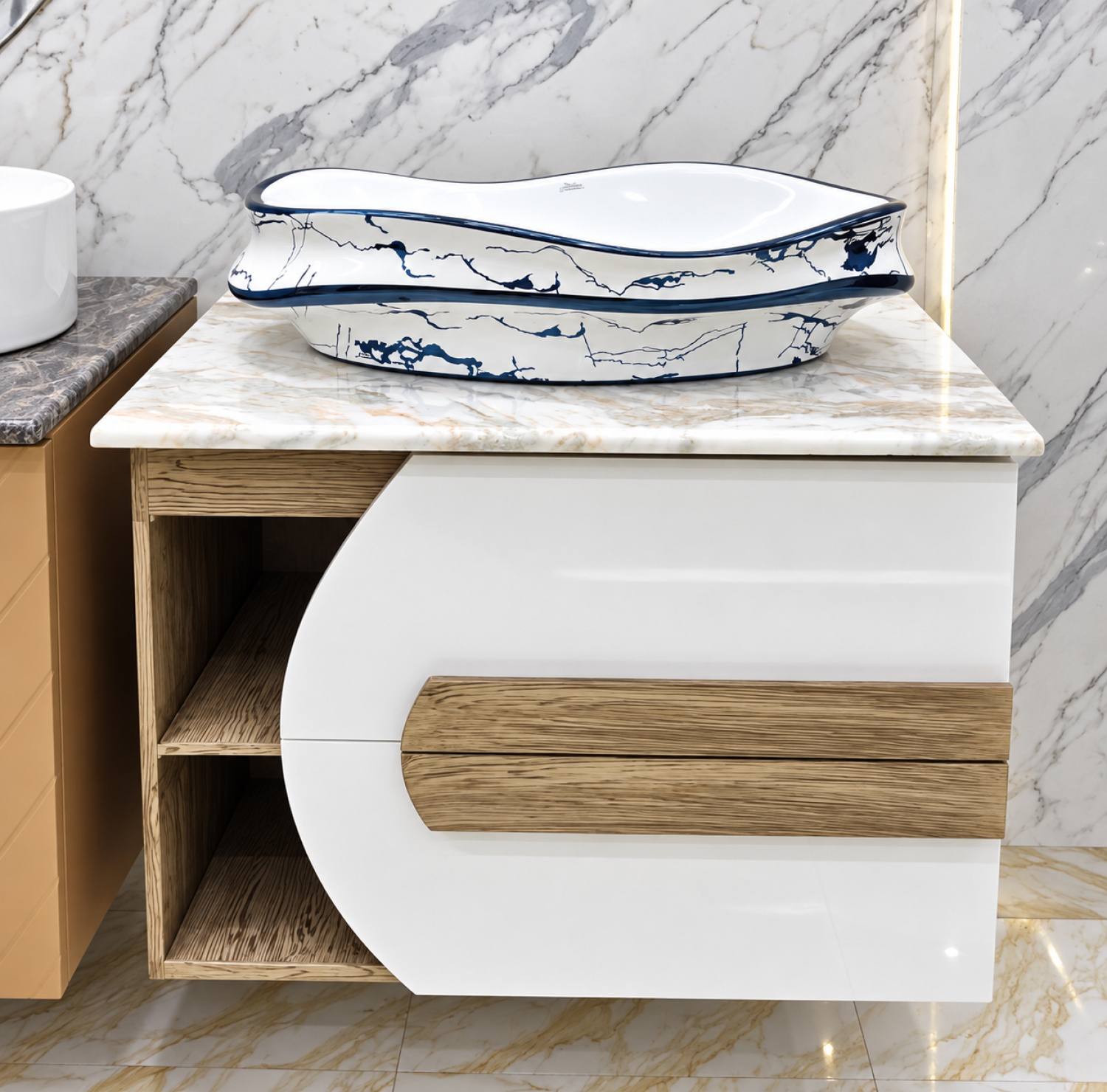 anity cabinet, designer top basin, basin cabinet set, bathroom vanity cabinet, drawing room basin, white blue marble basin, top basin with cabinet