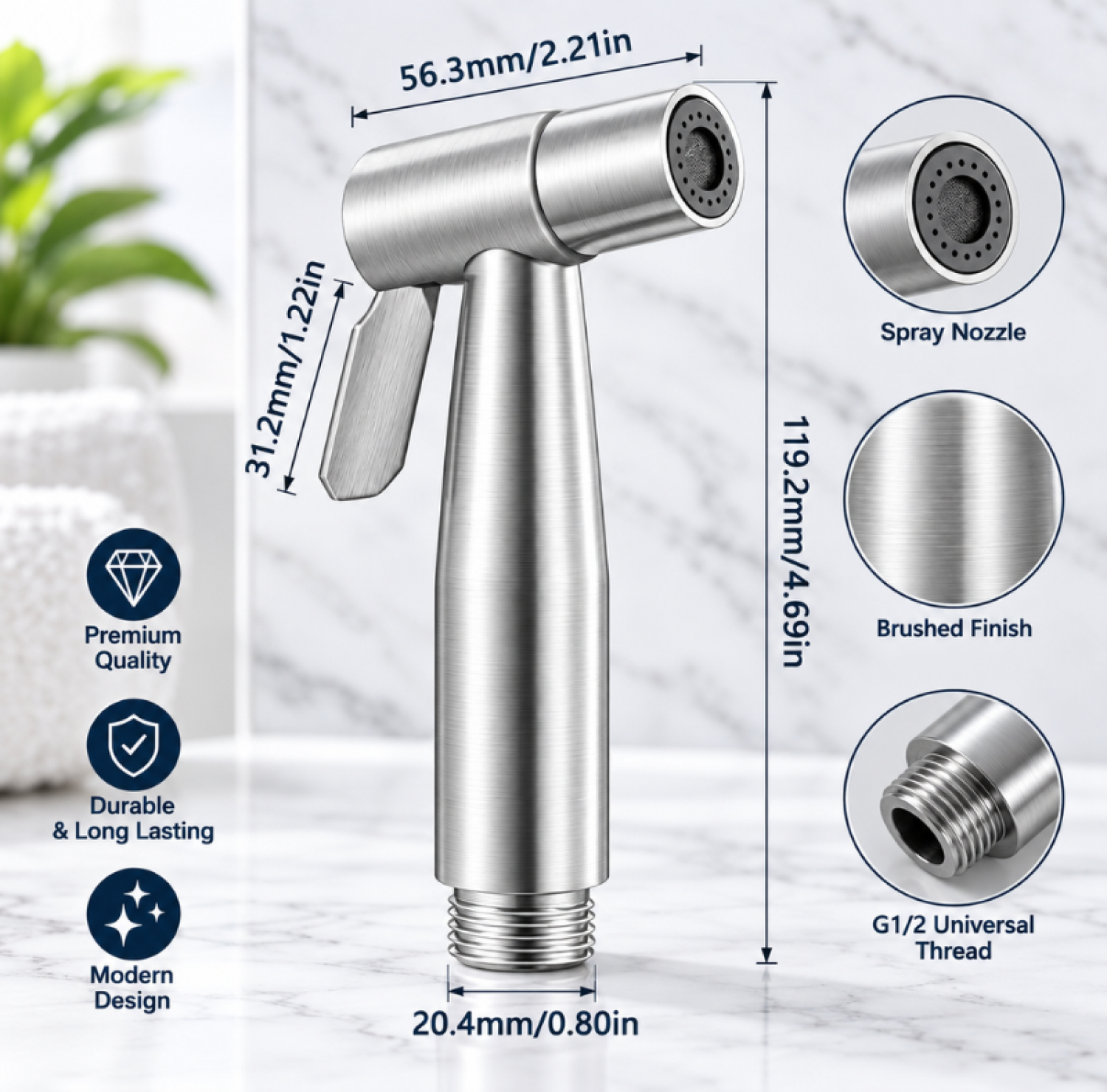 SUS stainless steel push shower, brushed finish bidet spray, adjustable water flow bathroom hand spray, G1/2 universal thread shower