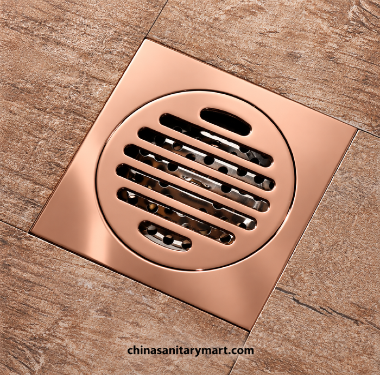 5 inch B1 RG rose gold bathroom floor drain, 5x5 inch rose gold floor drain, square bathroom drain cover, China Sanitary Mart