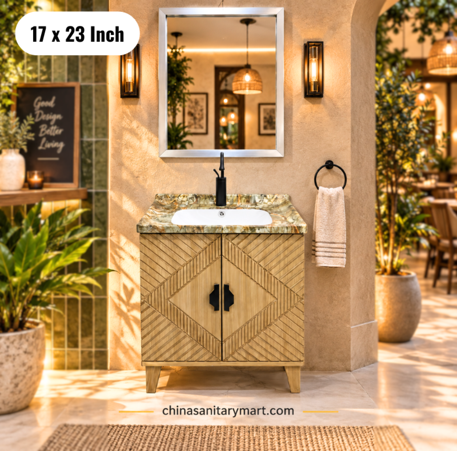17x23 wooden basin cabinet set, integrated basin vanity with mirror and faucet, wooden bathroom vanity cabinet, bathroom cabinet Bangladesh
