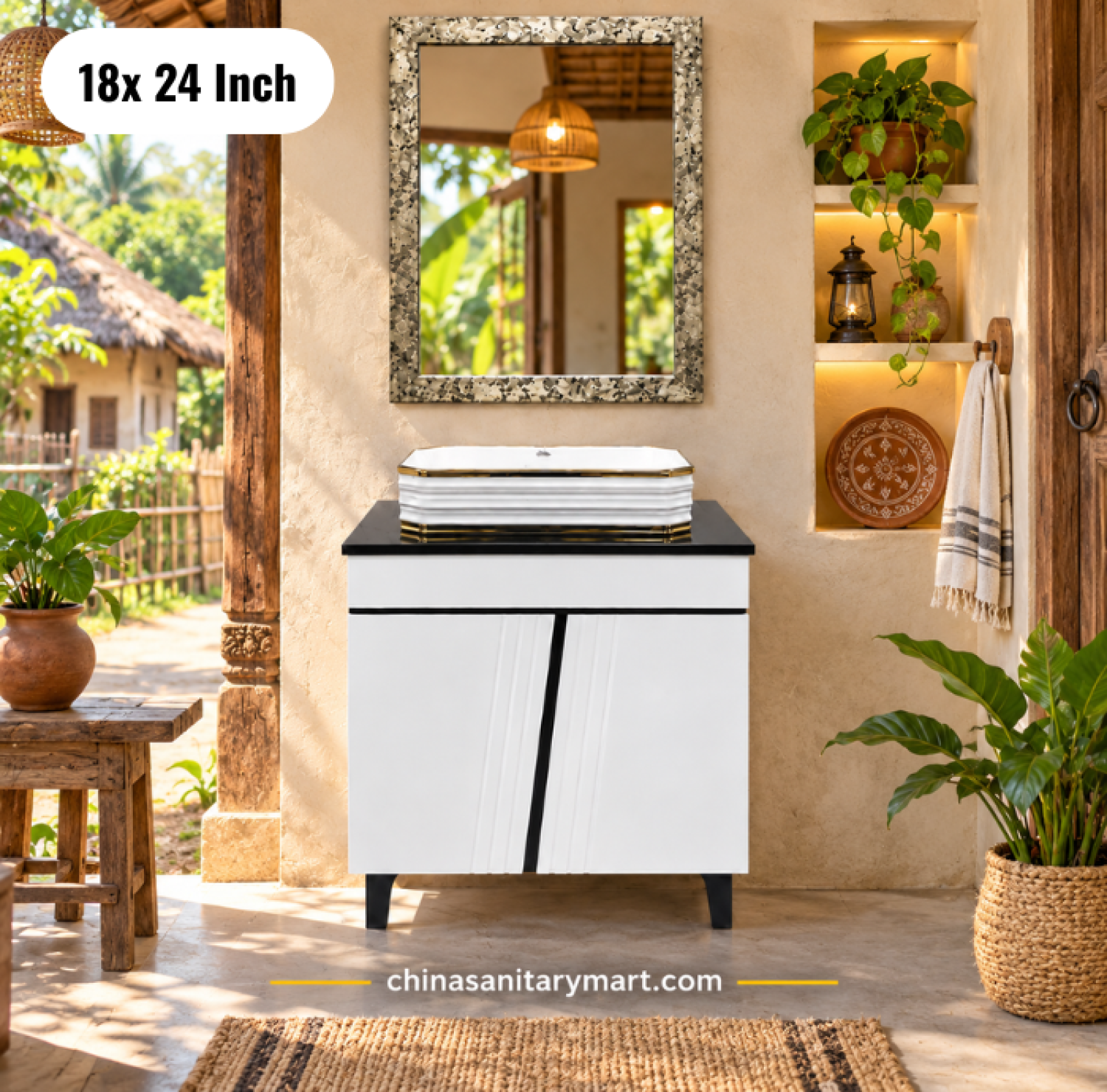 18x24 black white basin cabinet, 18x13 countertop basin, modern bathroom vanity with mirror, black white bathroom cabinet Bangladesh