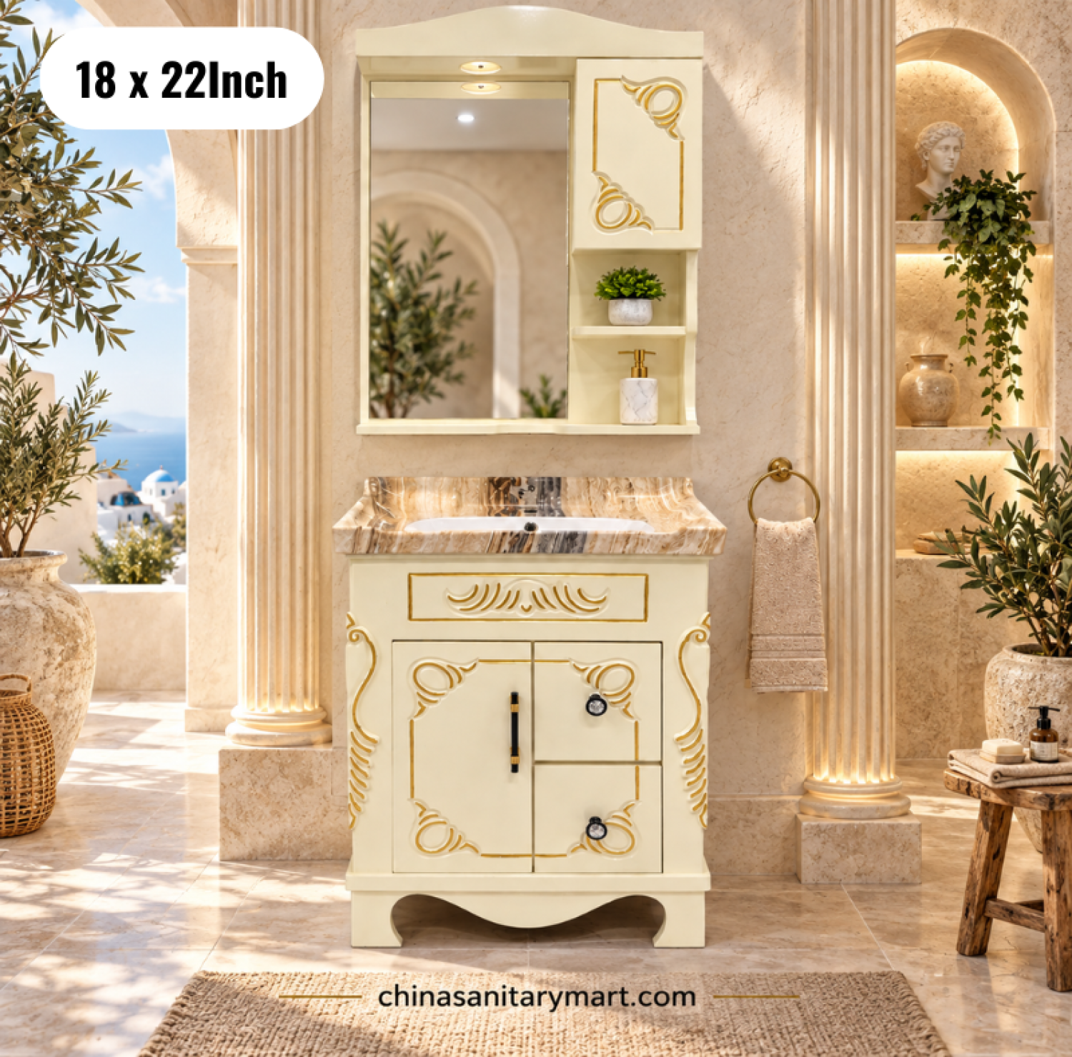 28x22 inch royal off white basin cabinet, integrated basin vanity, mirror cabinet box, luxury bathroom cabinet, off white bathroom vanity
