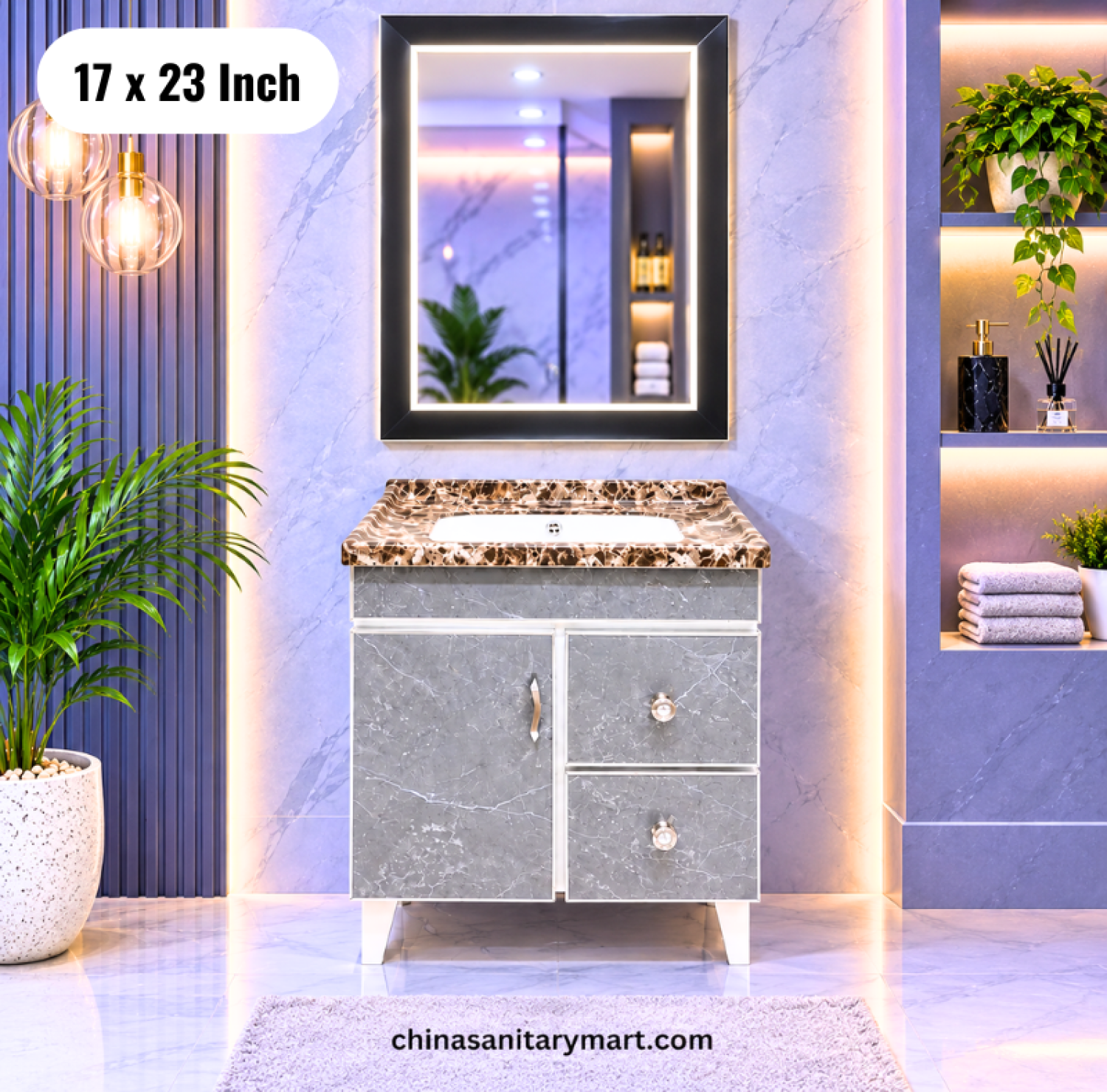 17x23 inch grey basin cabinet, integrated basin vanity, grey bathroom cabinet with mirror, modern bathroom vanity, grey marble basin cabinet