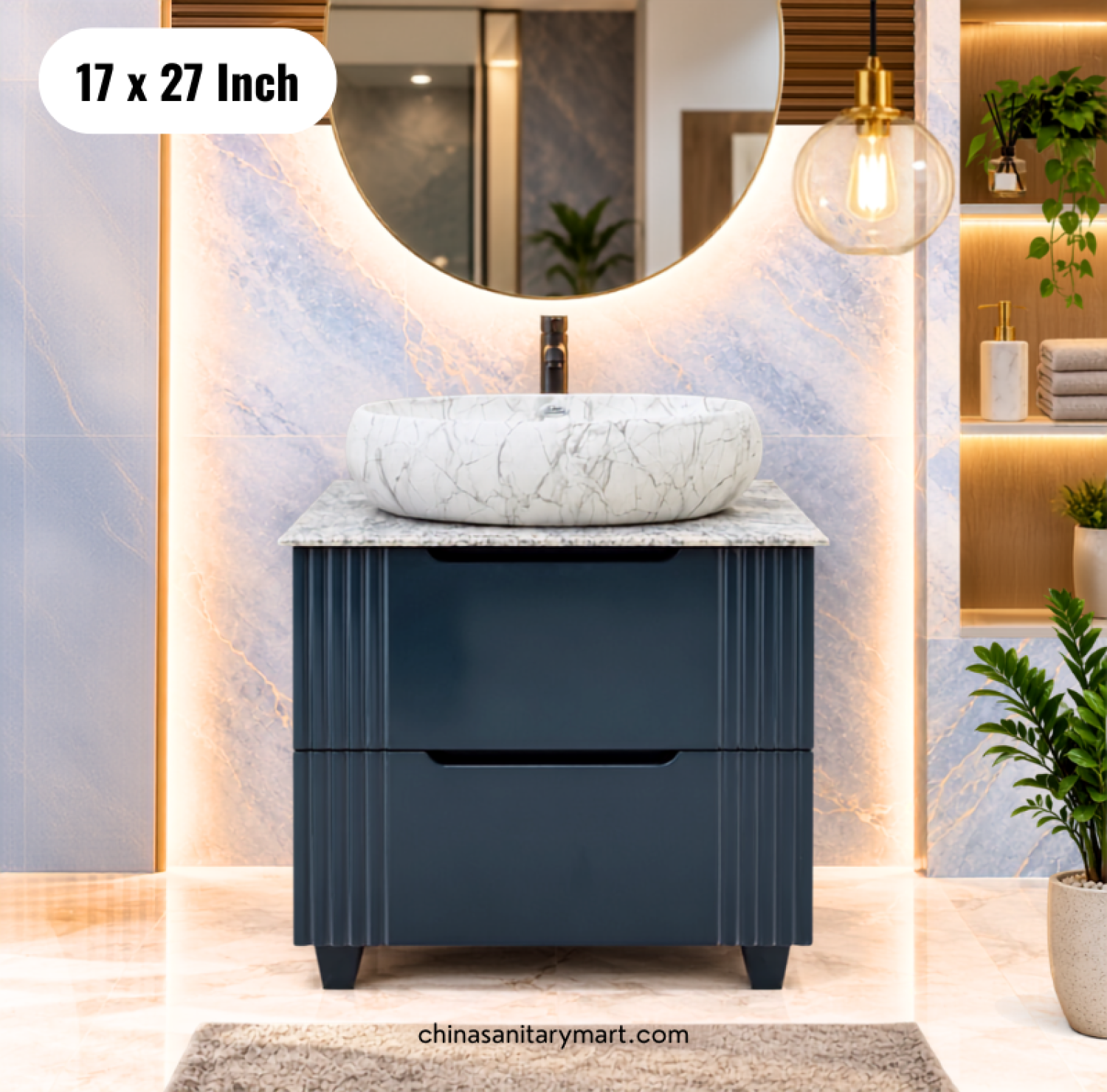 17x27 inch deep blue basin cabinet, top basin vanity set, blue bathroom cabinet with faucet, bathroom vanity with mirror, modern blue basin cabinet