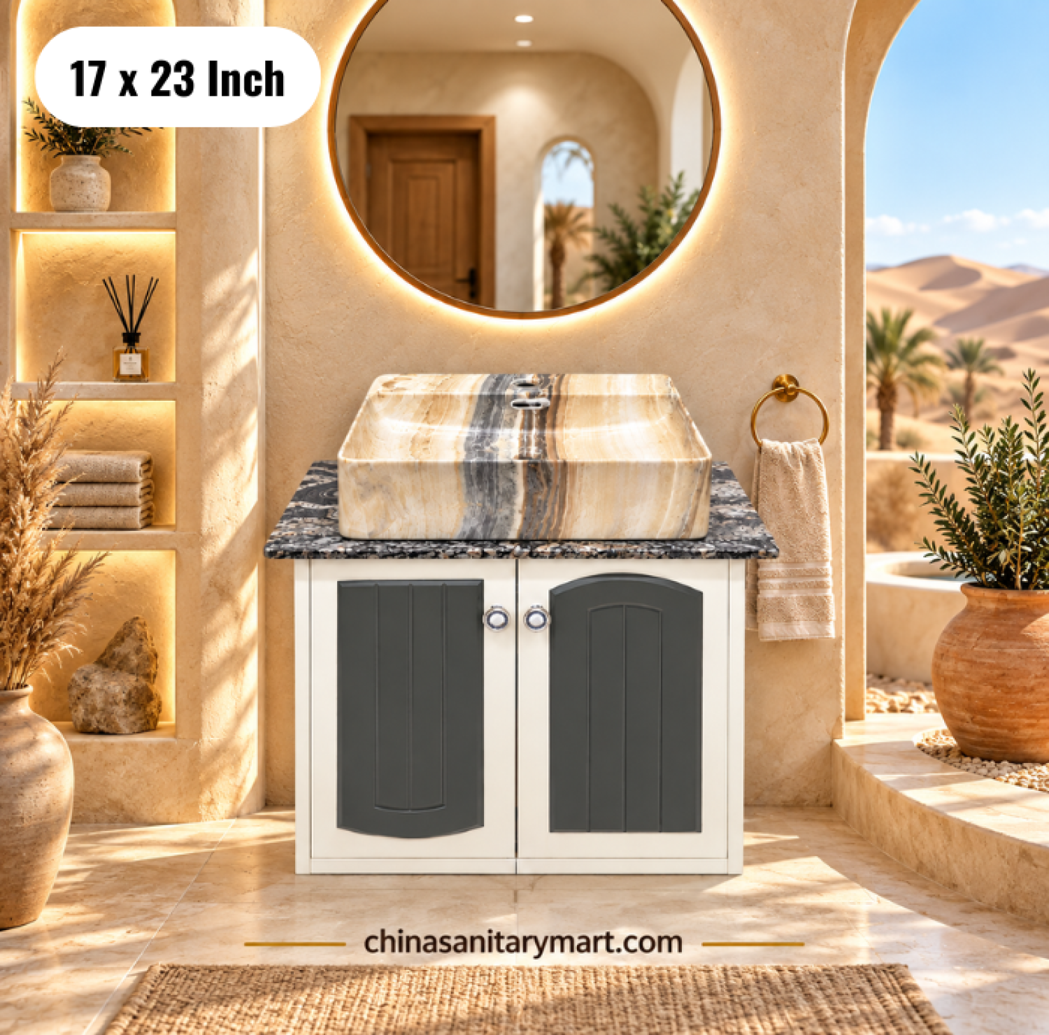 17x23 inch ivory basin cabinet, ivory top basin, bathroom vanity with mirror, double door basin cabinet, ivory and grey bathroom cabinet