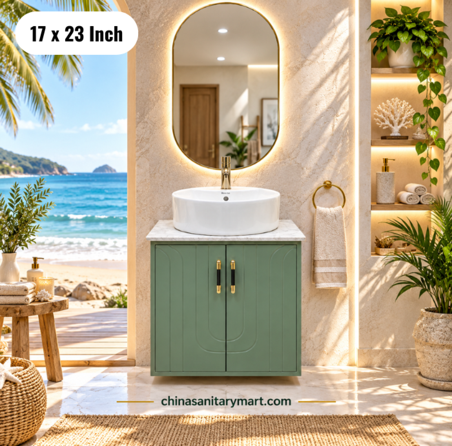 17x23 green basin cabinet, green bathroom vanity, white top basin with faucet, vanity with mirror, green basin cabinet Bangladesh
