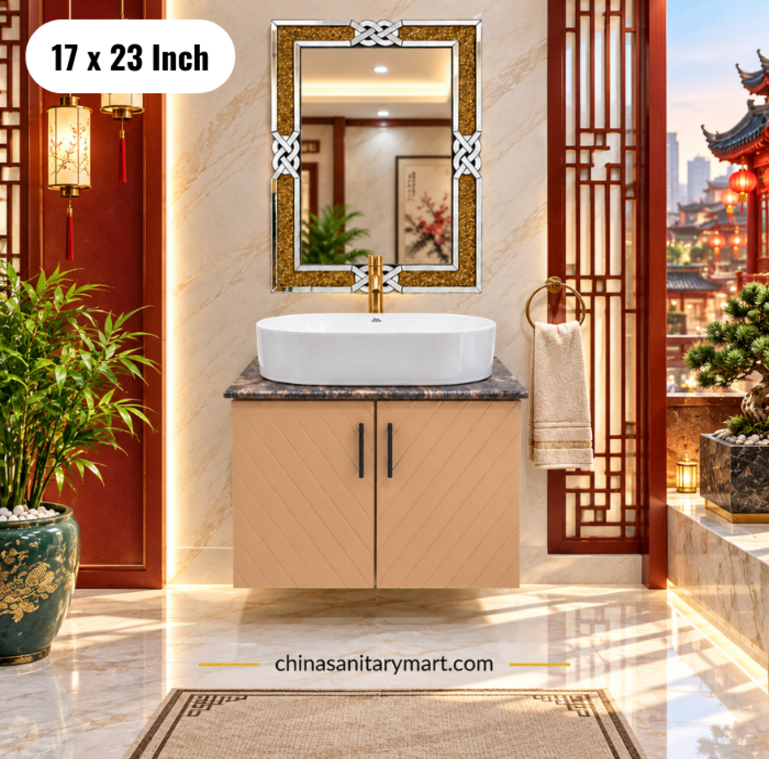 17x23 peach basin cabinet, peach bathroom vanity, white top basin with faucet,  basin cabinet with mirror, peach basin vanity Bangladesh