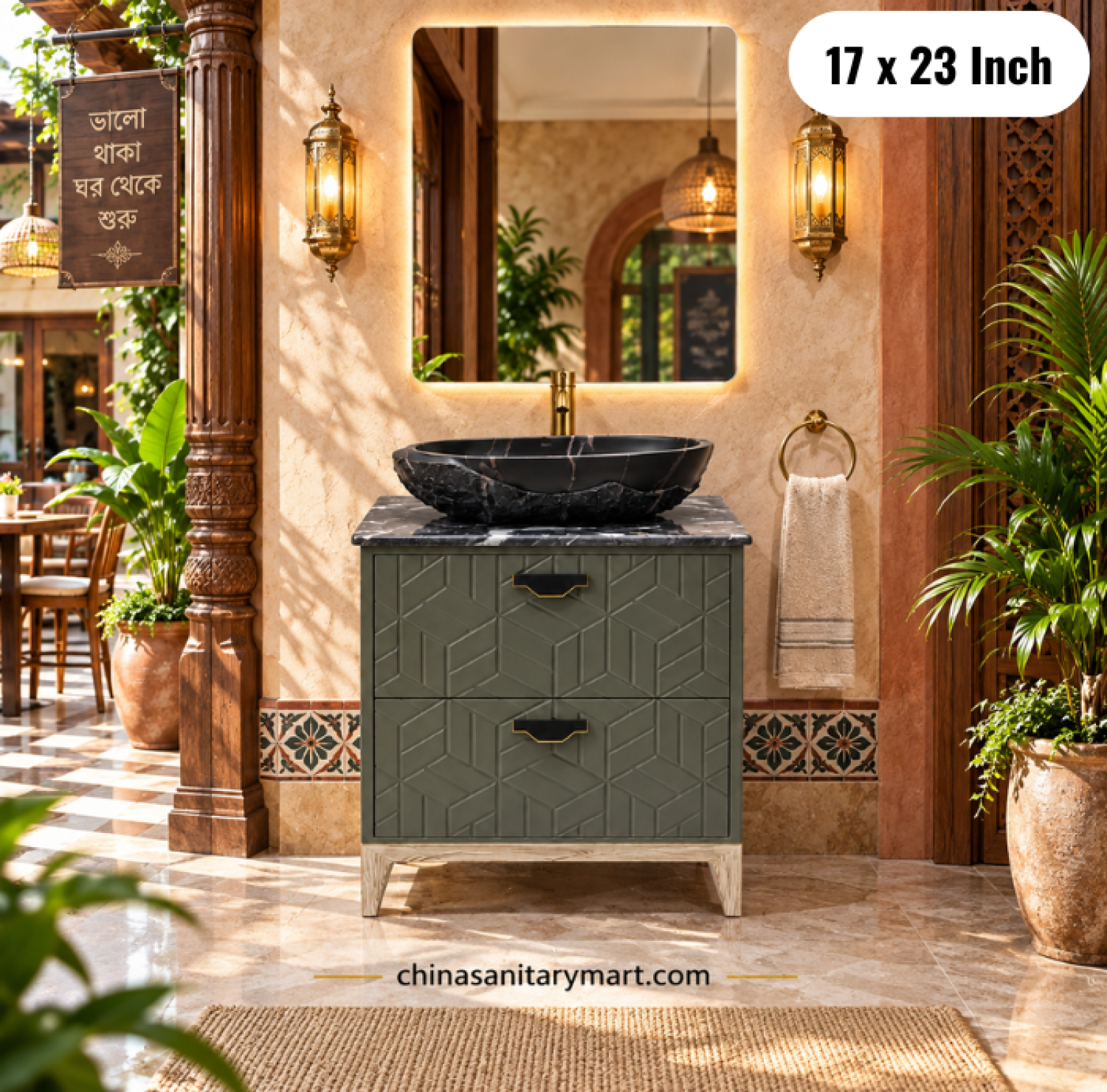 17x23 sage green basin cabinet, sage green bathroom vanity, green basin cabinet with black top basin, basin cabinet with faucet and mirror, bathroom vanity Bangladesh