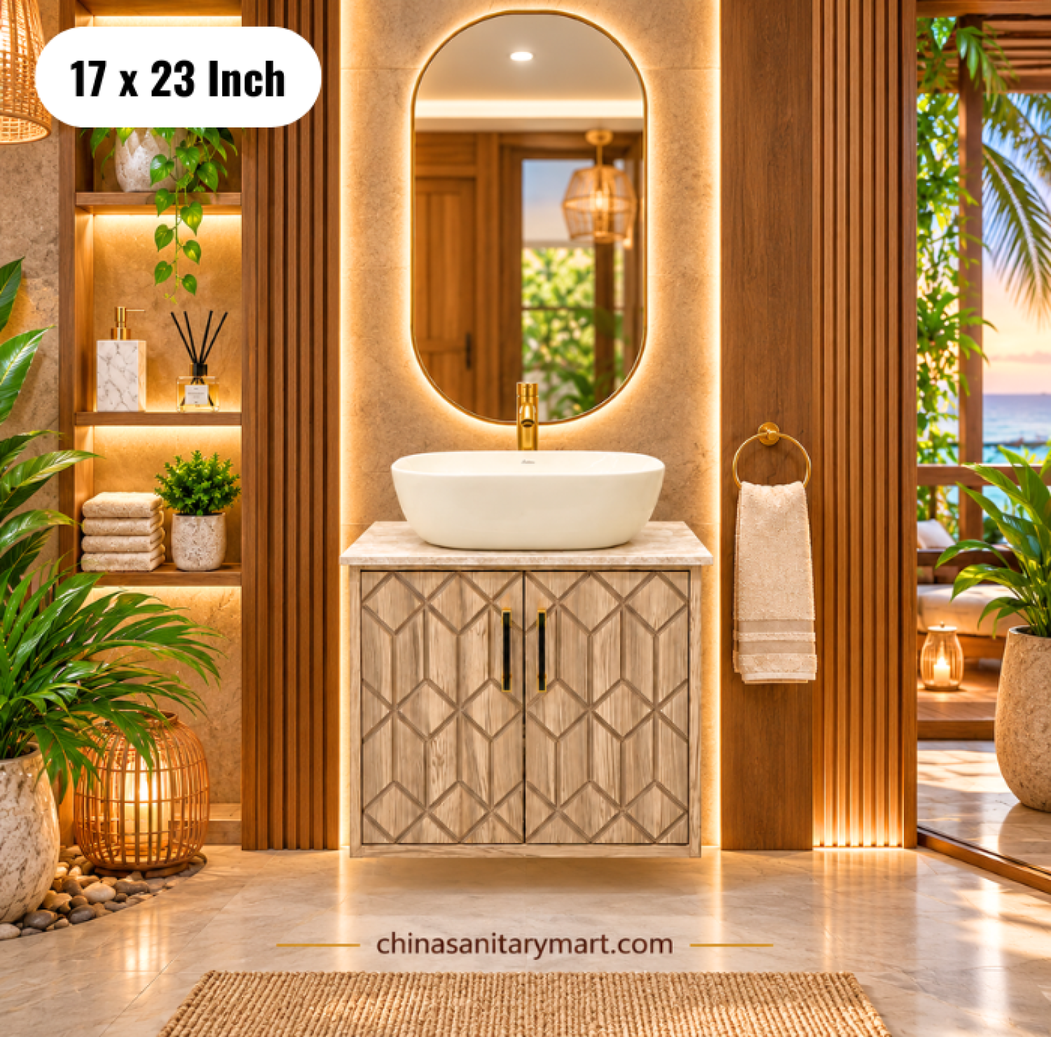 17x23 wooden texture basin cabinet, wooden bathroom vanity, wooden basin cabinet with top basin, vanity with faucet and mirror, bathroom vanity Bangladesh
