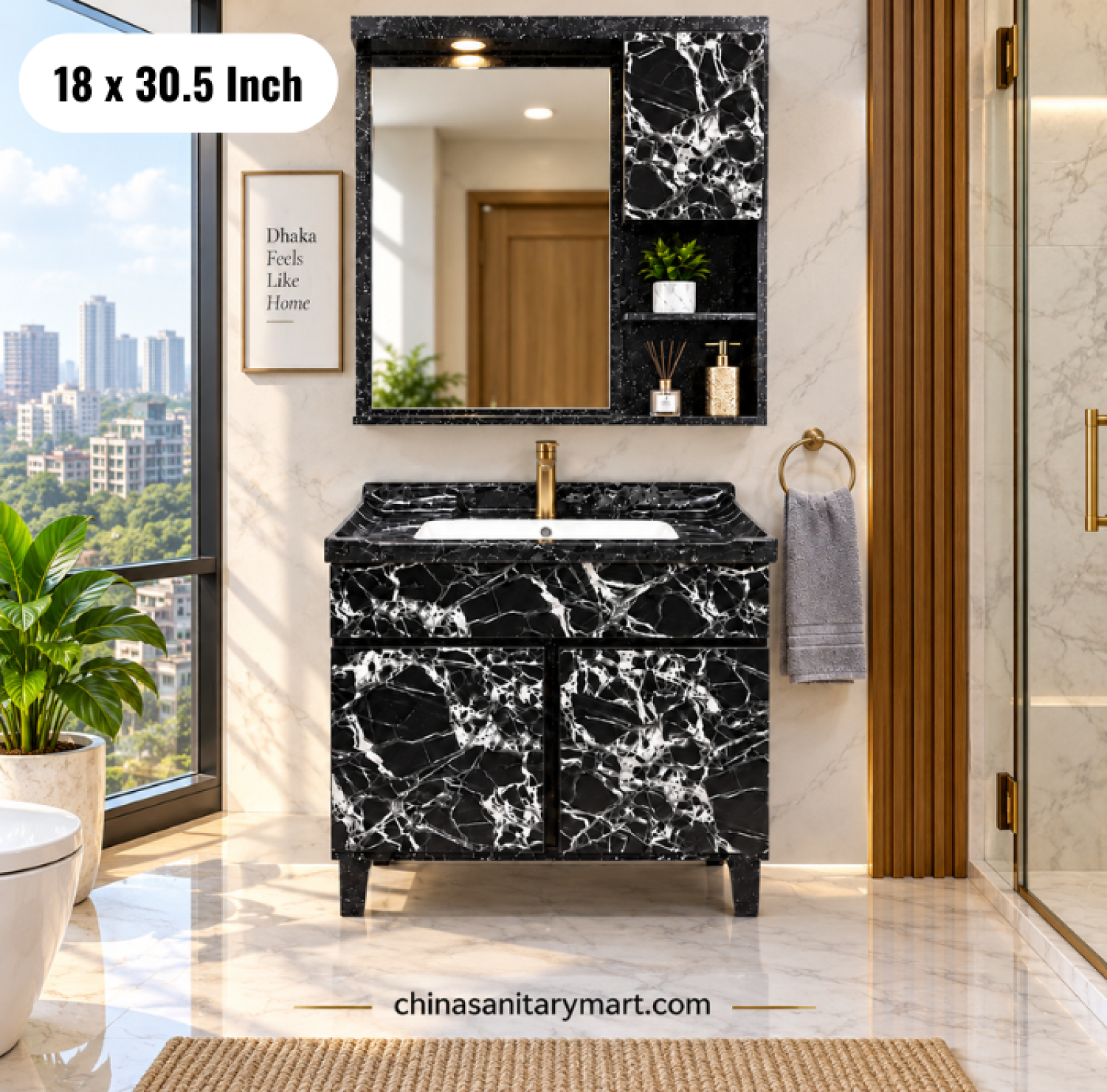 18x30.5 black basin cabinet, black bathroom vanity with integrated basin, black basin cabinet with faucet and mirror, black marble vanity set, bathroom cabinet Bangladesh