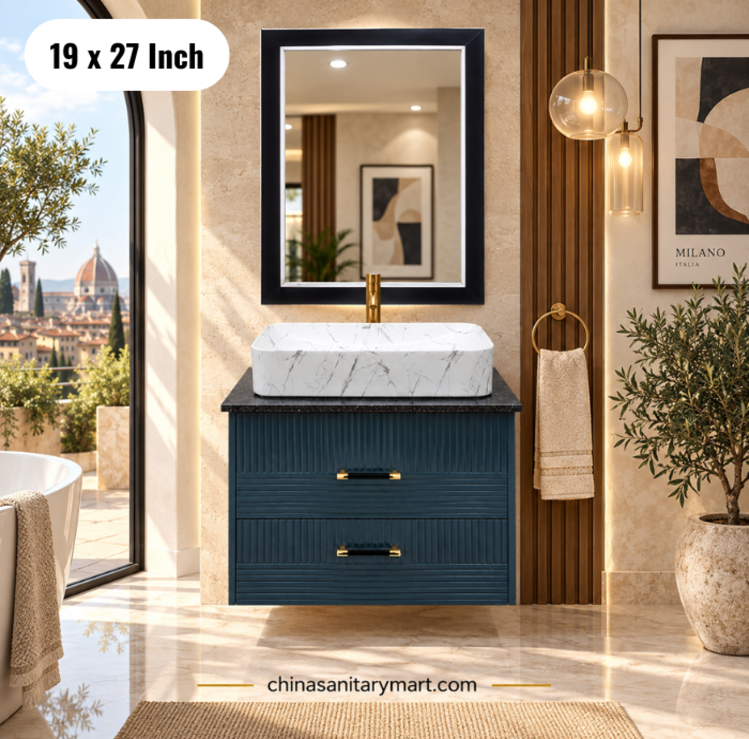 19x27 deep blue basin cabinet, deep blue bathroom vanity with white marble basin, blue basin cabinet with faucet and mirror, ribbed bathroom vanity, blue bathroom cabinet Bangladesh