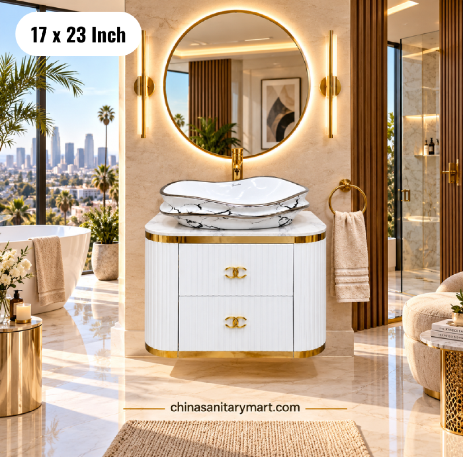 19x27 white gold basin cabinet, white top basin vanity, luxury white gold bathroom cabinet, basin cabinet with faucet and mirror, vanity Bangladesh