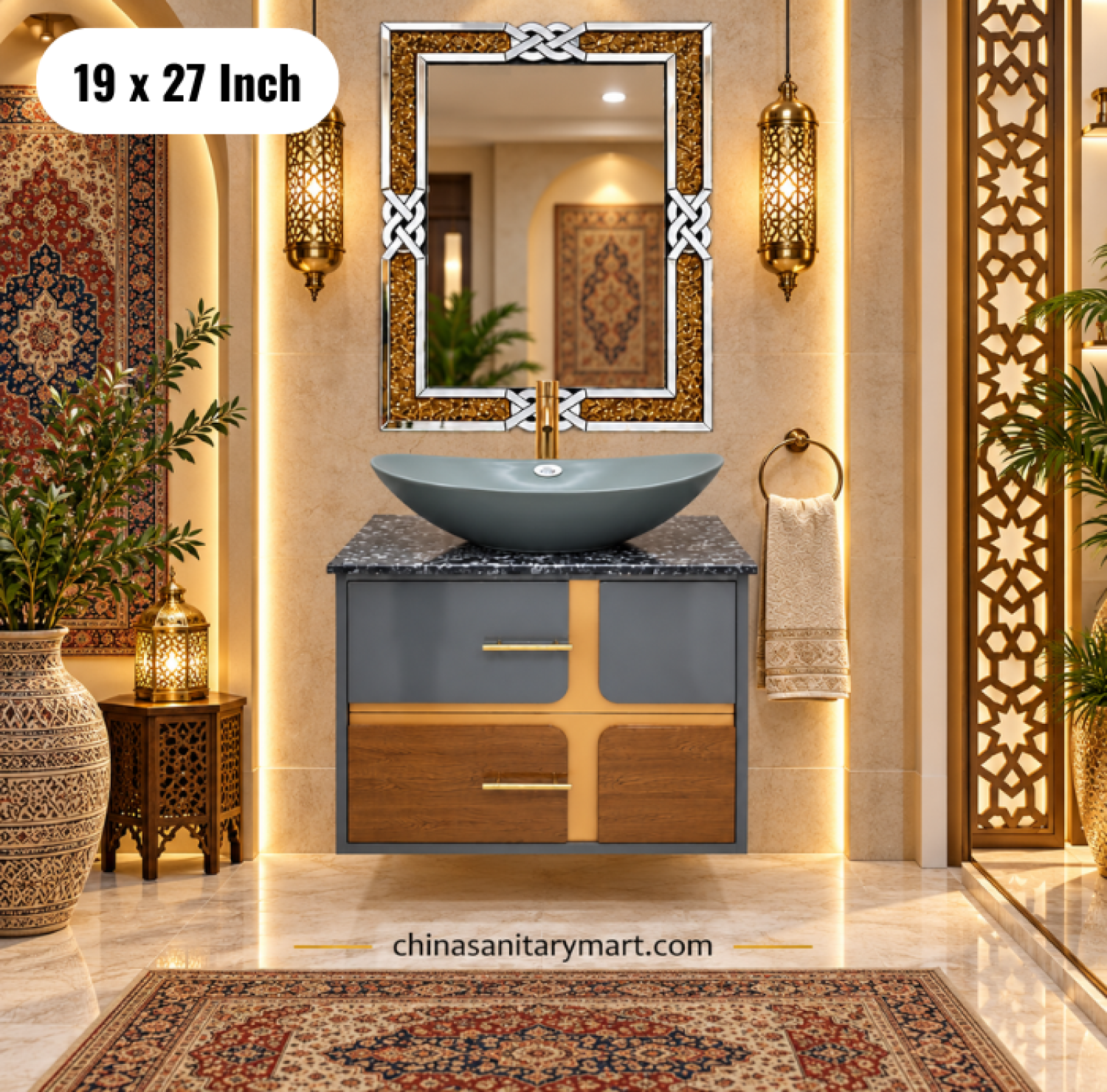 19x27 grey wooden texture basin cabinet, grey top basin vanity, wood texture bathroom cabinet, basin cabinet with faucet and mirror, modern vanity Bangladesh