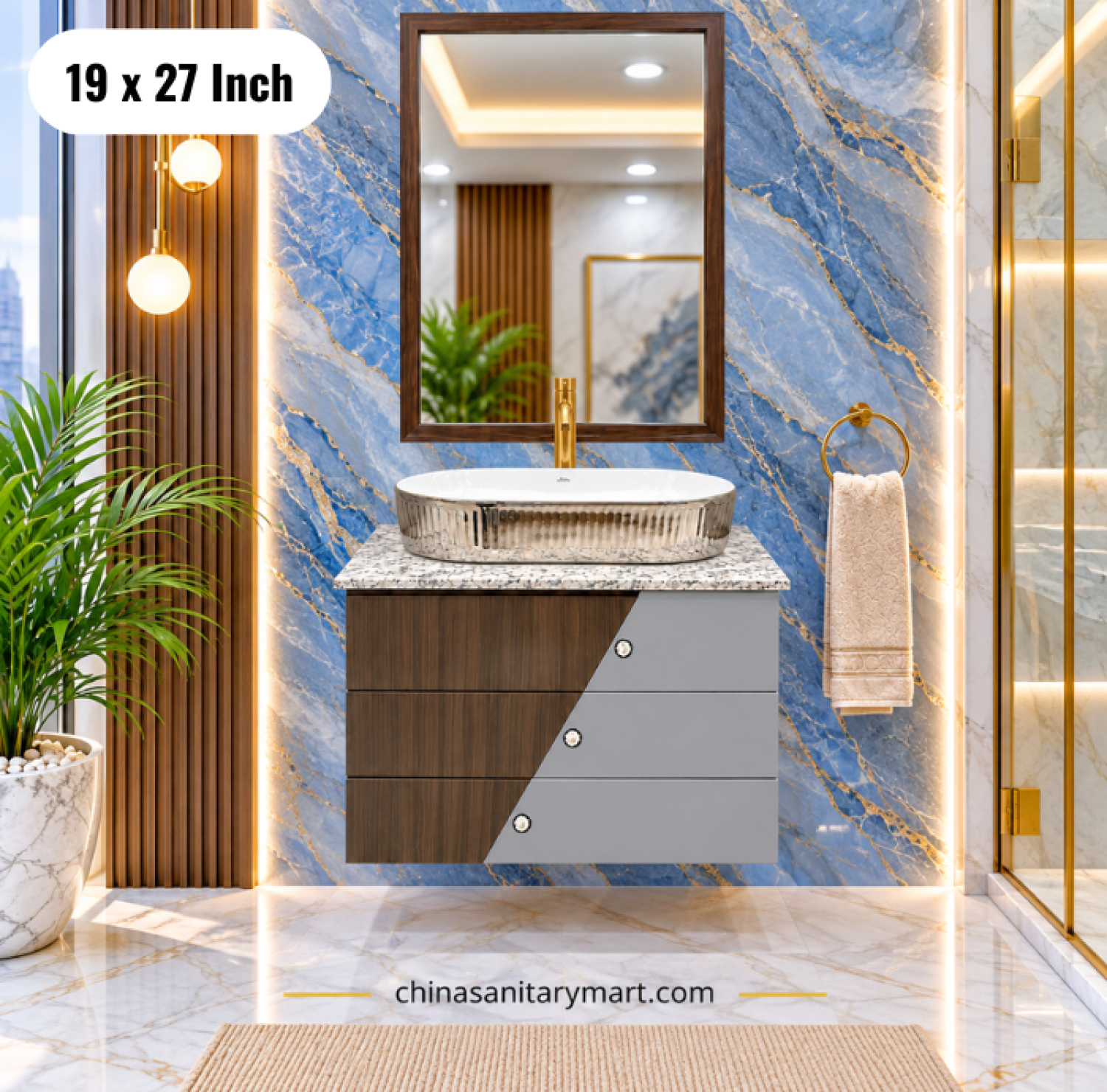 19x27 wooden texture wall hung basin cabinet, silver top basin vanity, wooden bathroom cabinet, silver basin cabinet with faucet and mirror, modern wall hung vanity Bangladesh