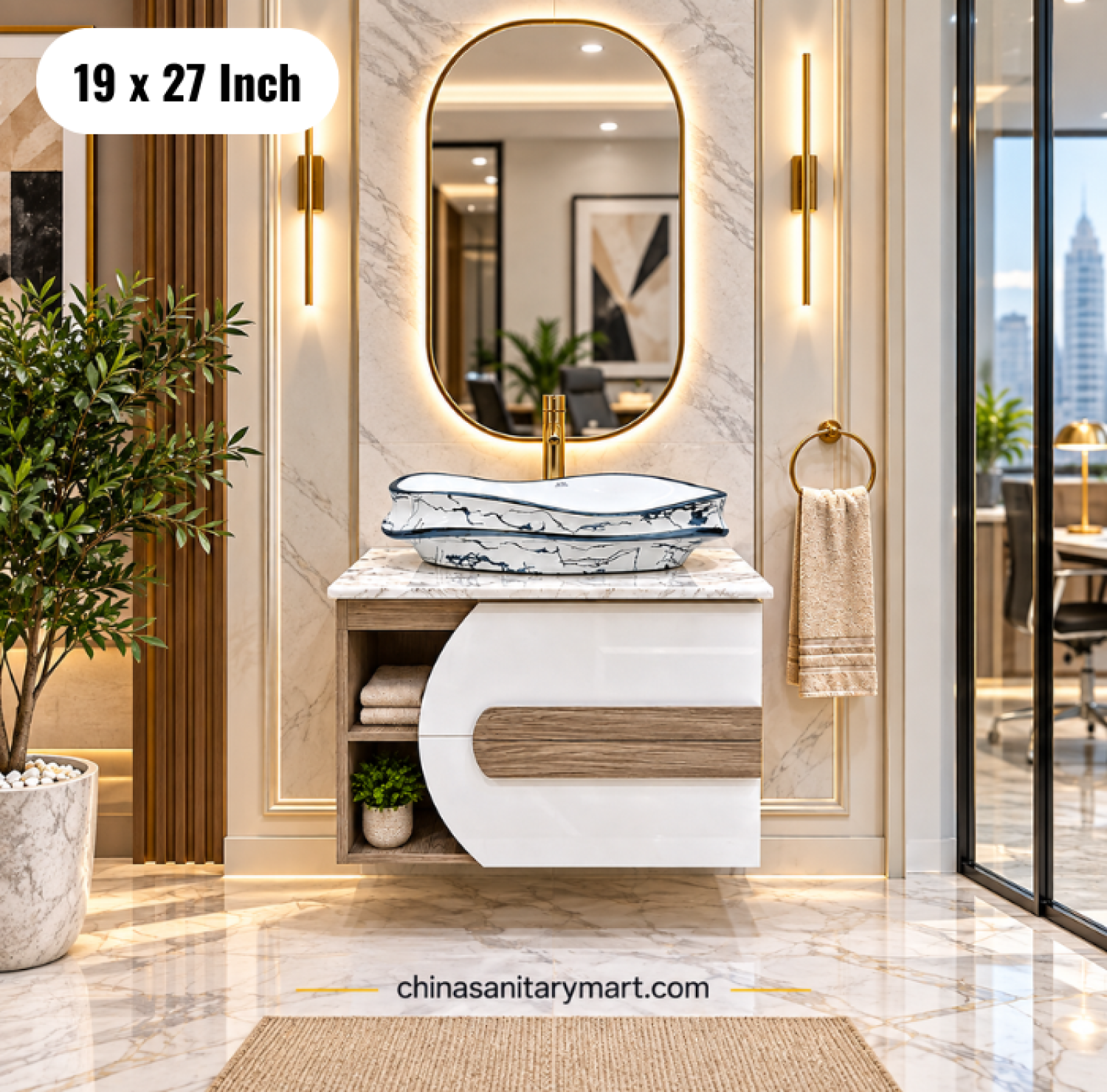 19x27 wooden texture basin cabinet, white wooden bathroom vanity, basin cabinet with storage, top basin with faucet and mirror, modern bathroom vanity Bangladesh