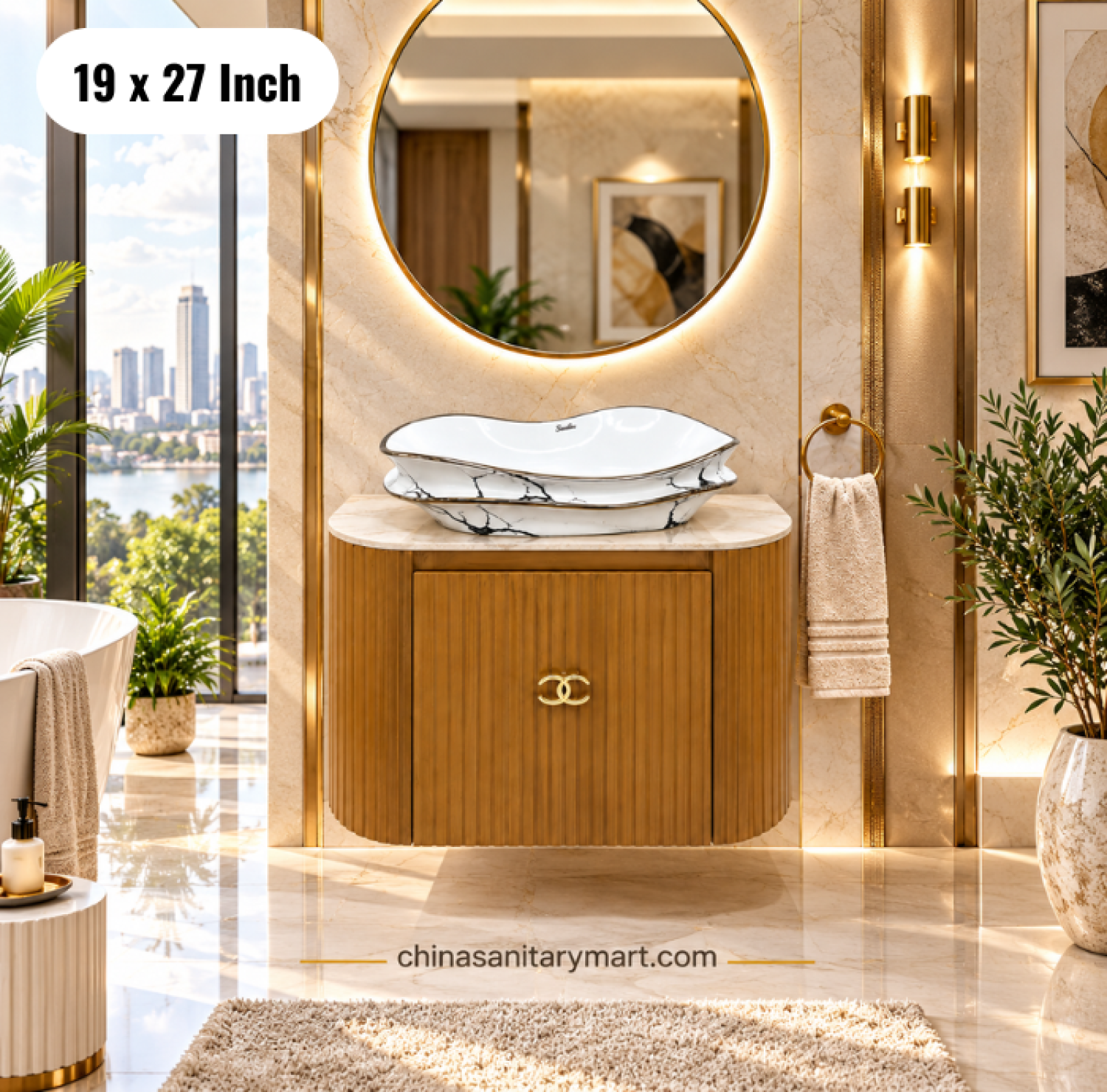 19x27 wooden texture basin cabinet, fluted wooden bathroom vanity, white top basin cabinet, basin vanity with faucet and mirror, modern bathroom cabinet Bangladesh