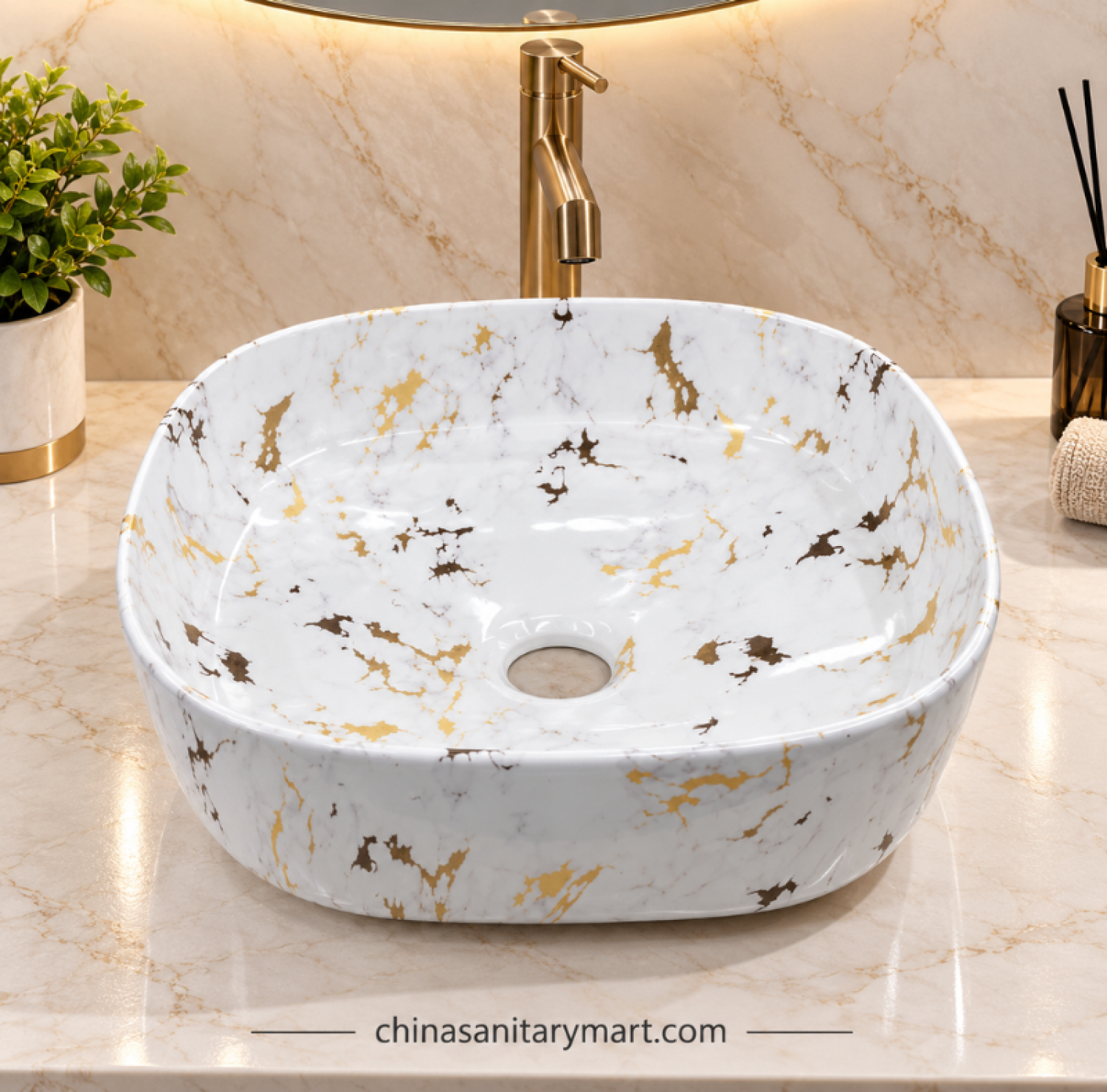 14x14 inch 0957 art basin, white marble gold art basin, 0957 countertop basin, designer bathroom basin, marble effect wash basin