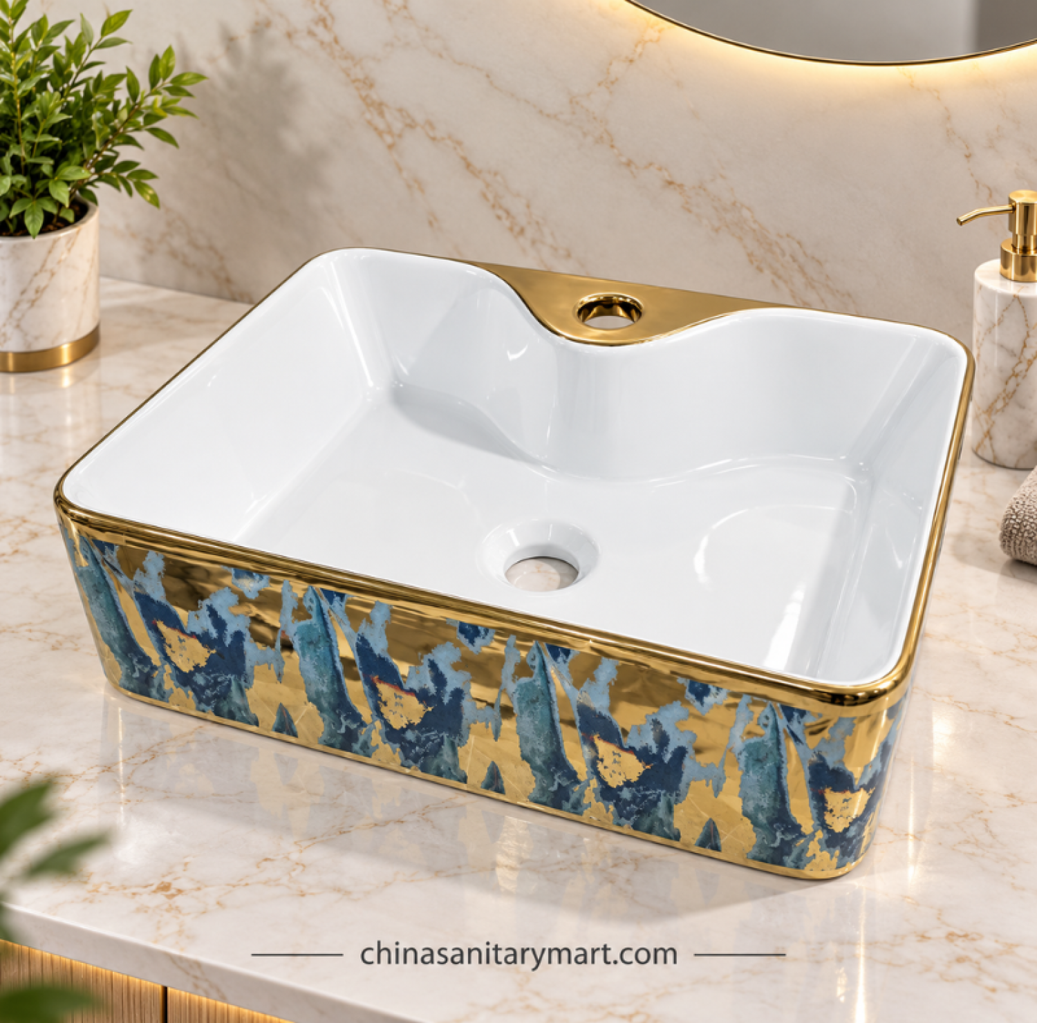 15x19 inch 952-D2 top basin, blue gold countertop basin, rectangular designer basin, luxury top basin, white blue gold wash basin