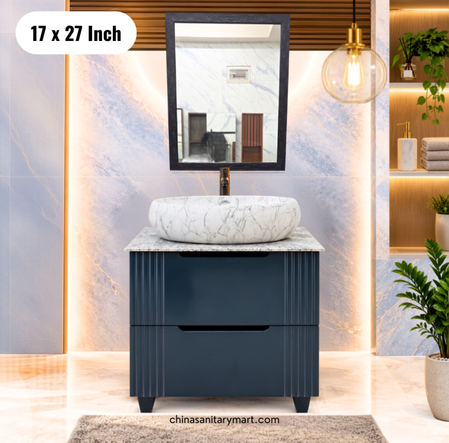 17x27 inch deep blue basin cabinet, counter basin vanity set, blue bathroom cabinet with faucet, bathroom vanity with mirror, modern blue basin cabinet