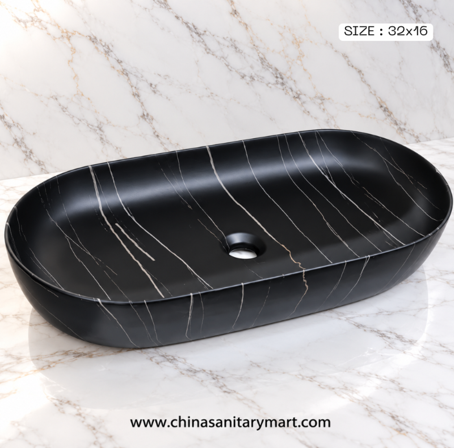 32x16 inch matte black large top basin, black countertop wash basin, large black bathroom basin, marble vein top basin, modern matte black basin