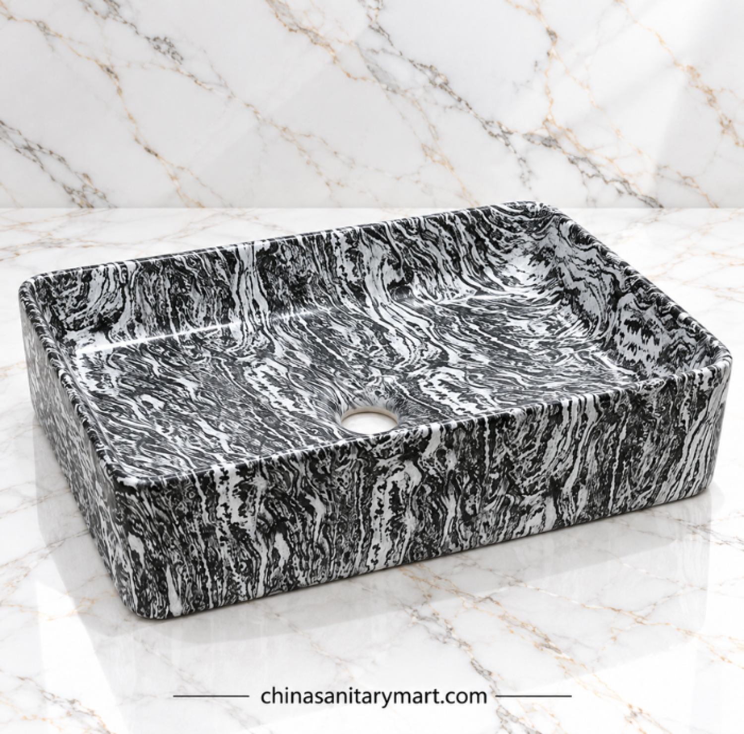 A313C black white top basin, black white marble style wash basin, rectangular artistic countertop basin, designer bathroom basin, black white vanity basin