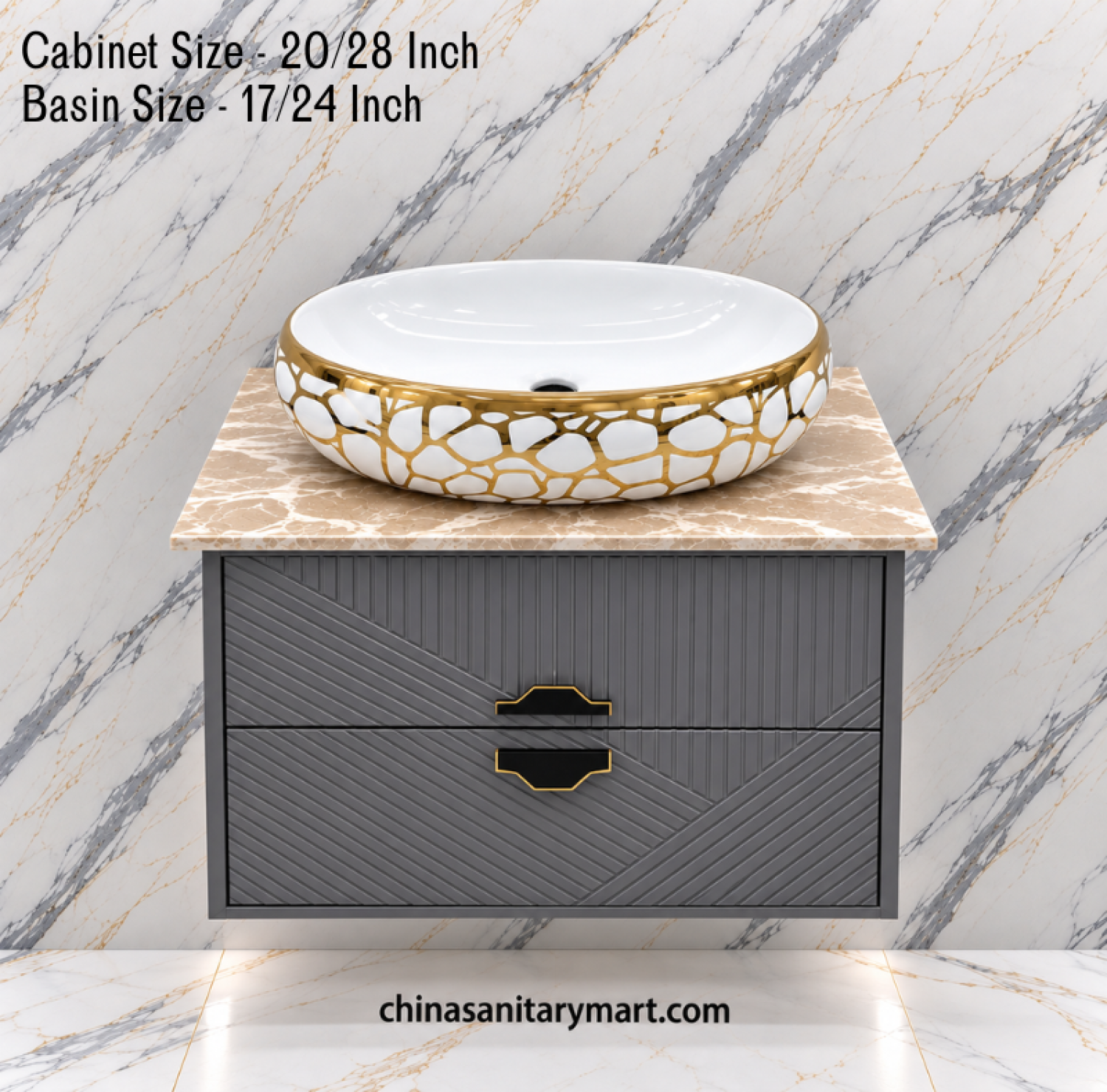20x28 grey basin cabinet, 17x24 white golden bubble print basin, grey bathroom vanity, PVC waterproof cabinet, Duco paint vanity, marble slab basin set