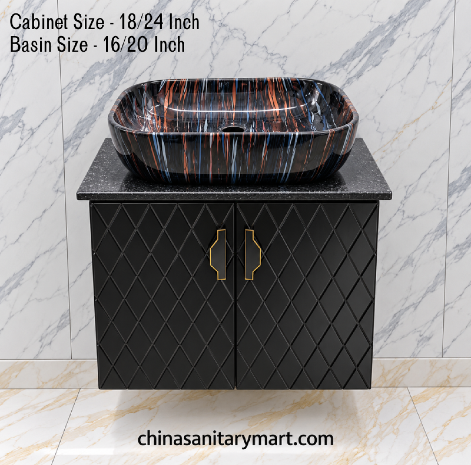 18x24 black basin cabinet, 16x20 artistic Counter basin, black diamond bathroom vanity, gold handle basin cabinet, customizable PVC vanity, black marble slab cabinet