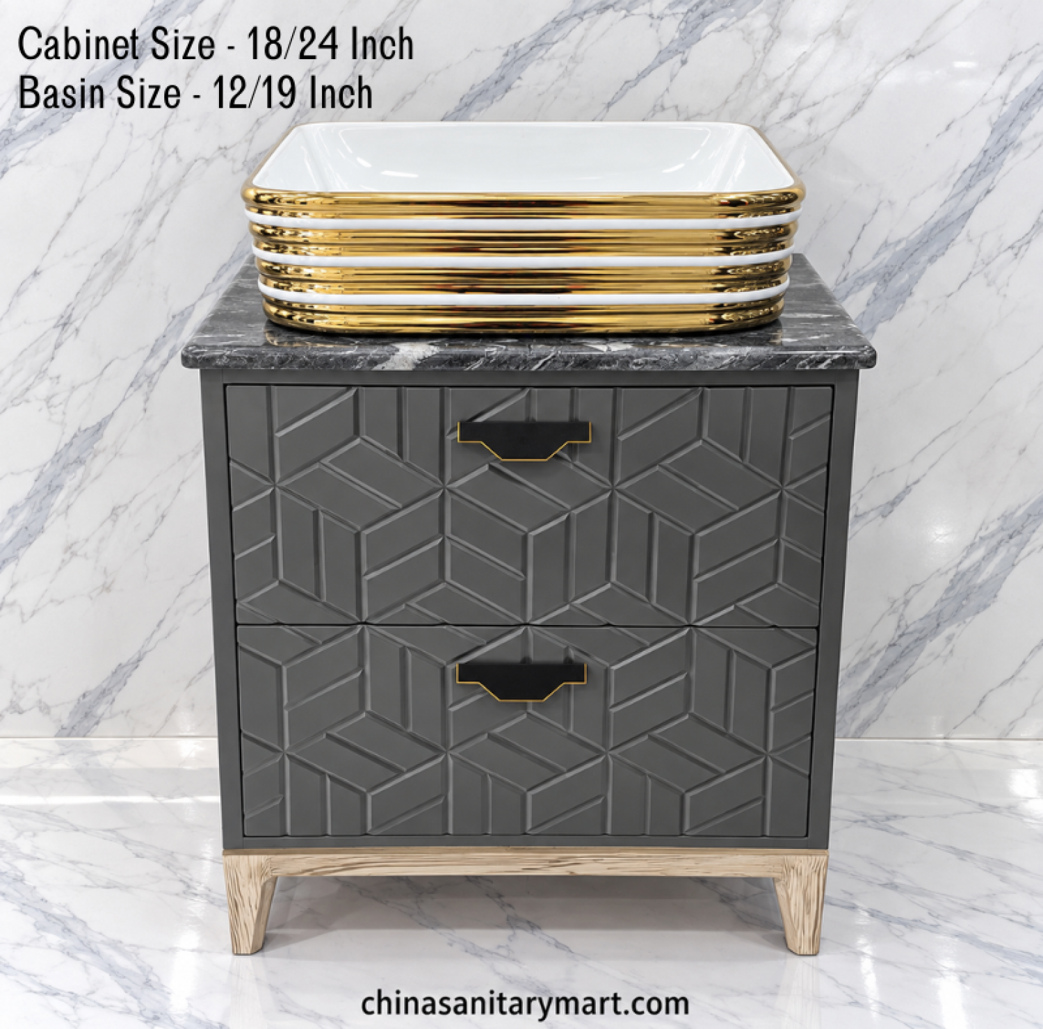 18x24 basin cabinet, 12x19 gold decorative Counter basin, dark grey geometric bathroom vanity, two drawer basin cabinet, customizable PVC vanity, marble slab bathroom cabinet