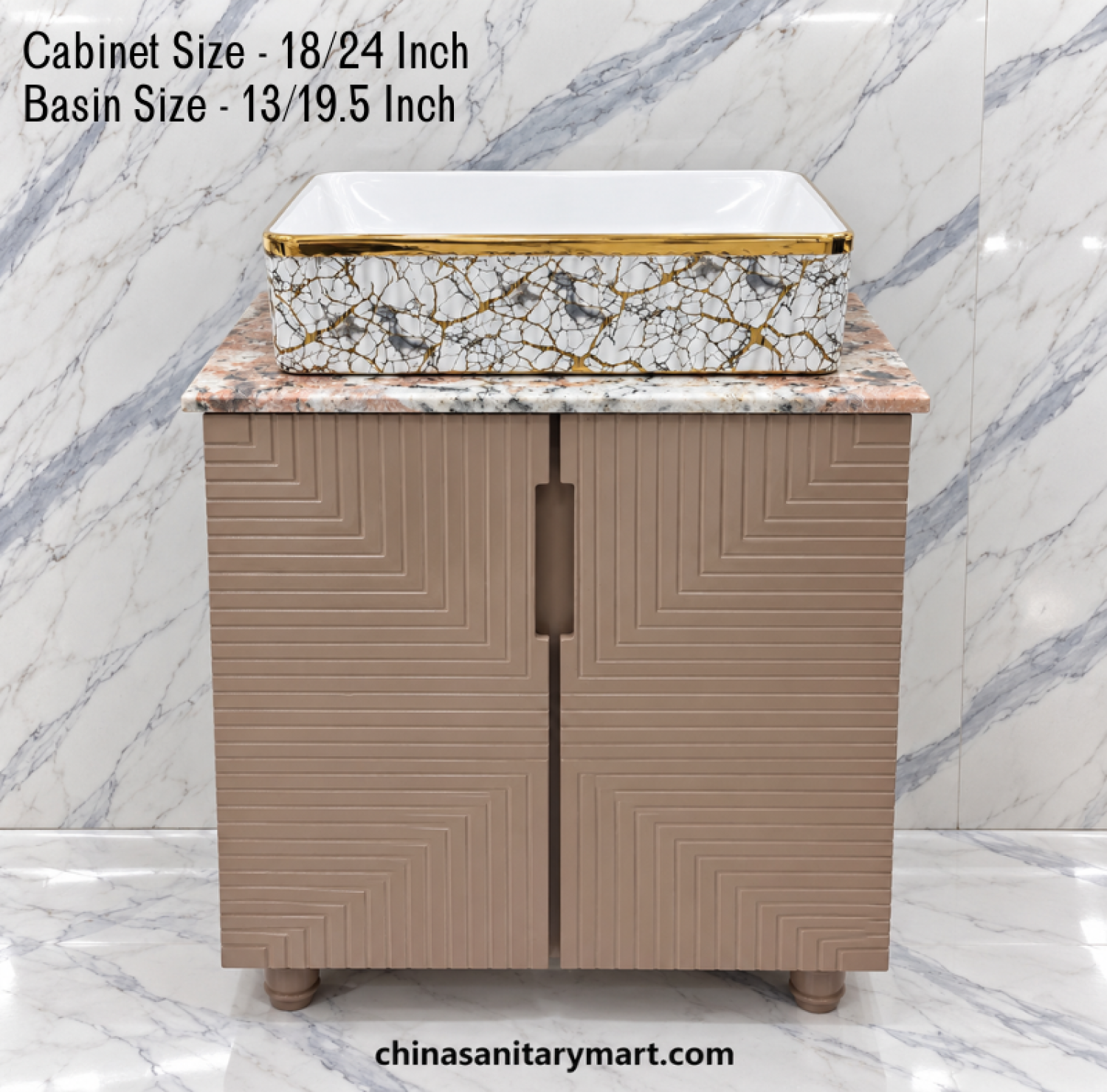 18x24 peach basin cabinet, 13x19.5 decorative counter basin, peach bathroom vanity, geometric cabinet design, customizable PVC basin cabinet, white gold marble basin