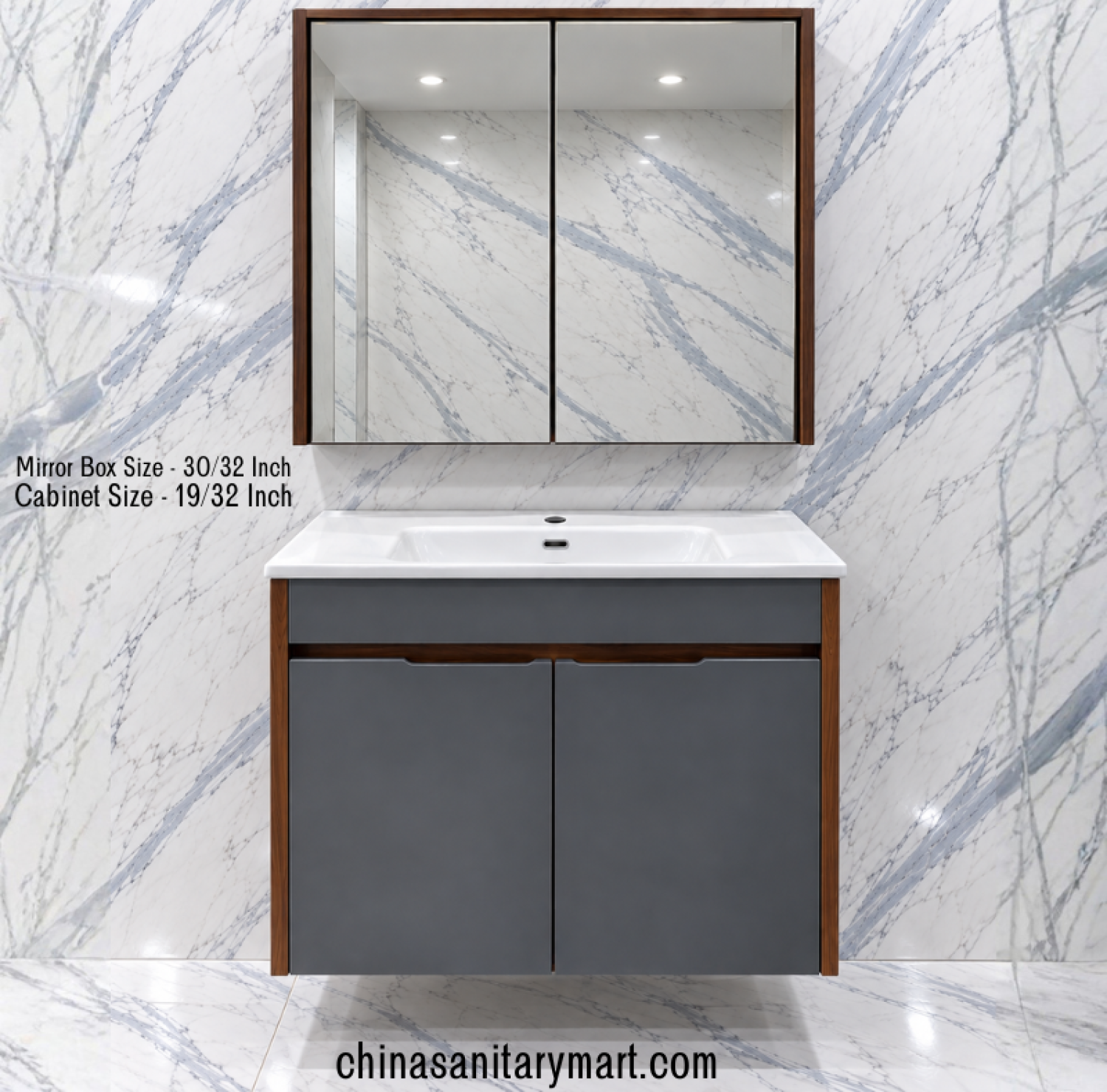 19x32 grey wooden basin cabinet, white integrated basin, 30x32 wooden box mirror, bathroom vanity cabinet, grey wooden bathroom cabinet, customizable PVC vanity