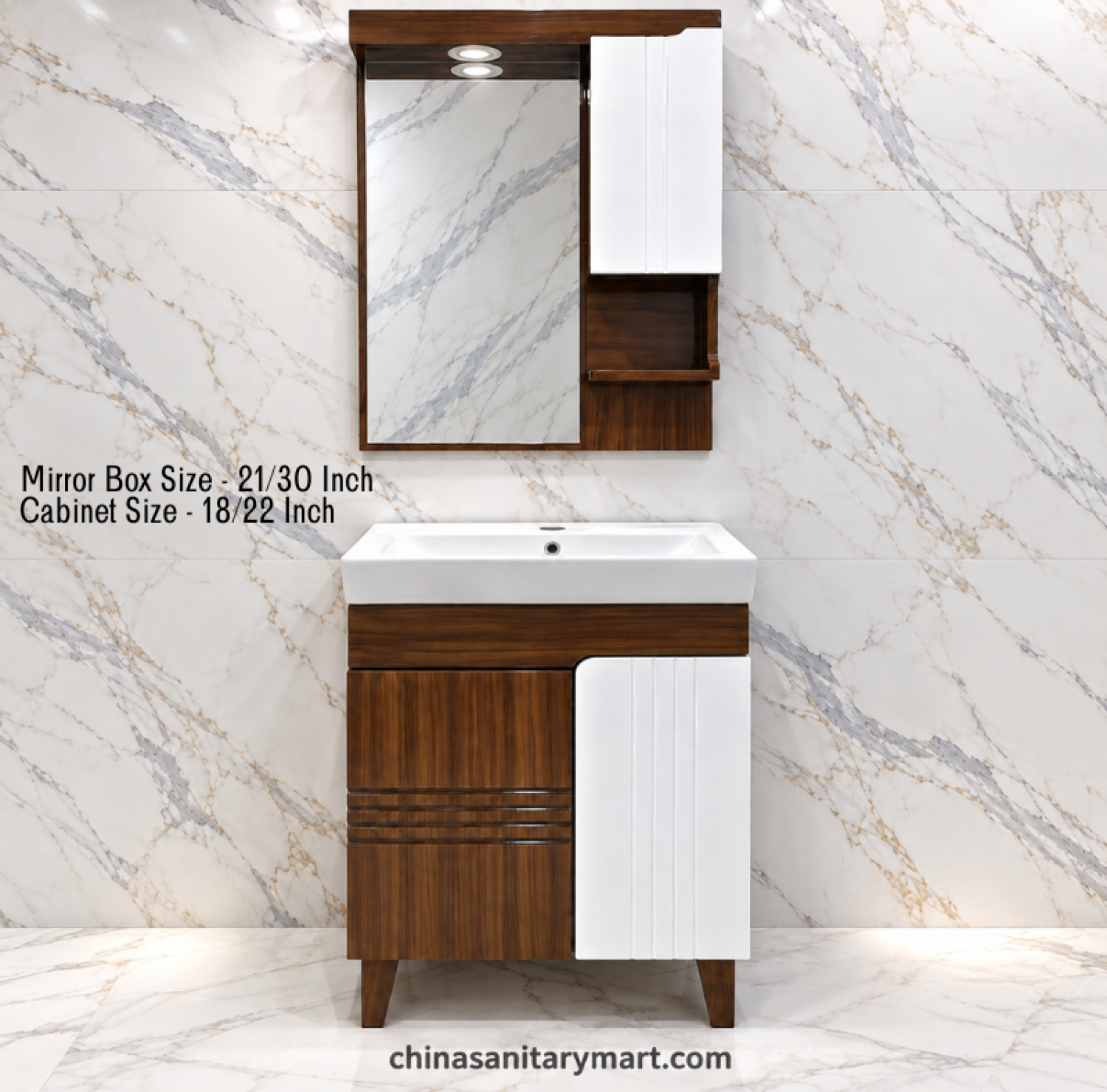 18x22 white wooden basin cabinet, 21x30 box mirror, integrated white basin, wooden bathroom vanity, customizable PVC cabinet, bathroom mirror storage cabinet
