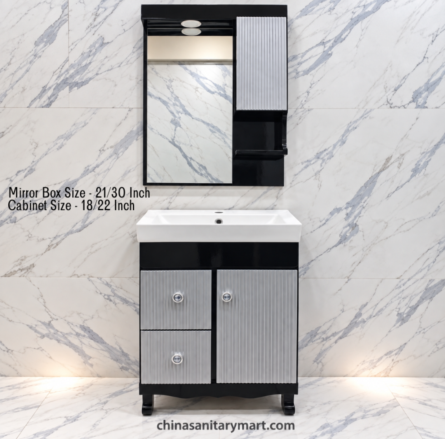 18x22 black grey basin cabinet, white integrated basin, 21x30 box mirror, fluted bathroom vanity, black grey bathroom cabinet, customizable PVC vanity