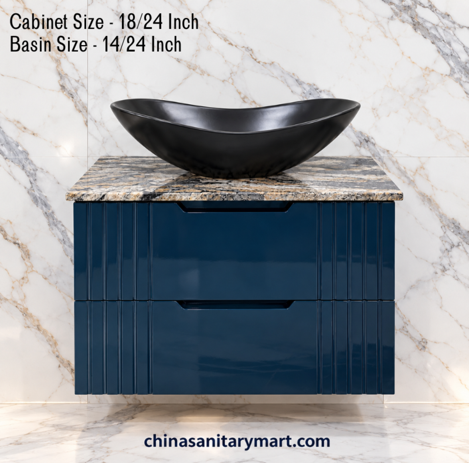 18x24 black basin cabinet, 14x24 matte black Counter basin, black bathroom vanity, fluted two drawer cabinet, customizable PVC vanity, marble slab basin cabinet
