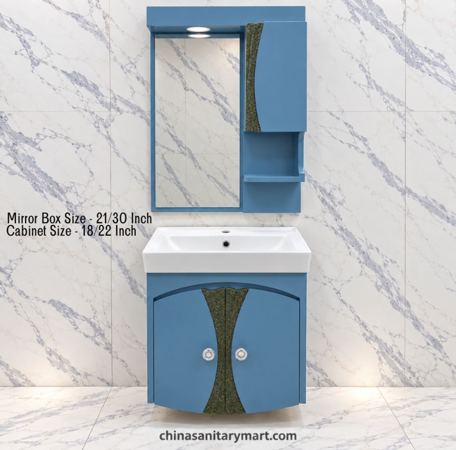 18x22 blue green basin cabinet, white integrated basin, 21x30 box mirror, blue bathroom vanity, green decorative cabinet, customizable PVC vanity