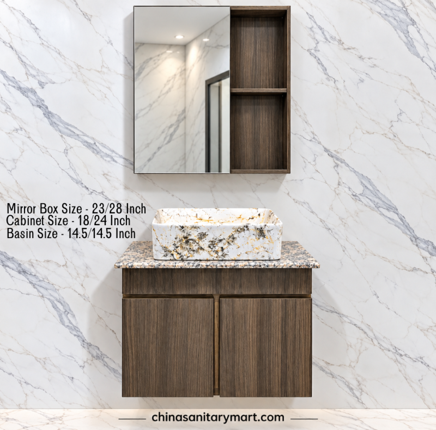 18x22 wooden basin cabinet, 14.5x14.5 marble counter basin, 23x28 wooden box mirror, wooden bathroom vanity, customizable PVC cabinet, bathroom mirror storage