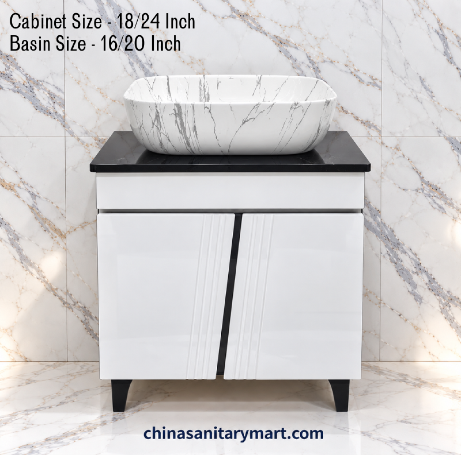 18x24 black white basin cabinet, 16x20 marble counter basin, black white bathroom vanity, grooved door cabinet, customizable PVC basin cabinet, white grey marble basin