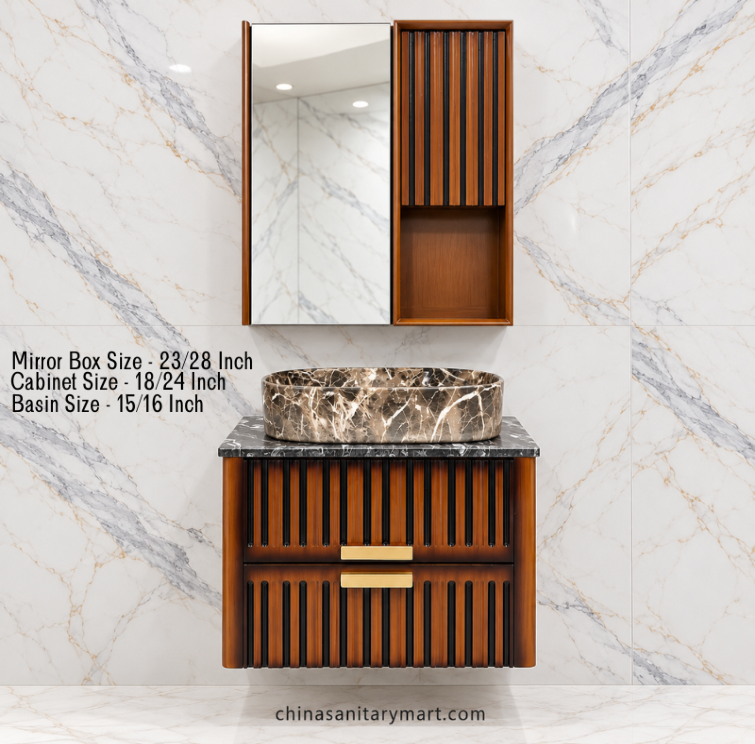 18x24 wooden basin cabinet, 15x16 marble counter basin, 23x28 wooden box mirror, slatted bathroom vanity, wooden texture cabinet, customizable PVC basin cabinet