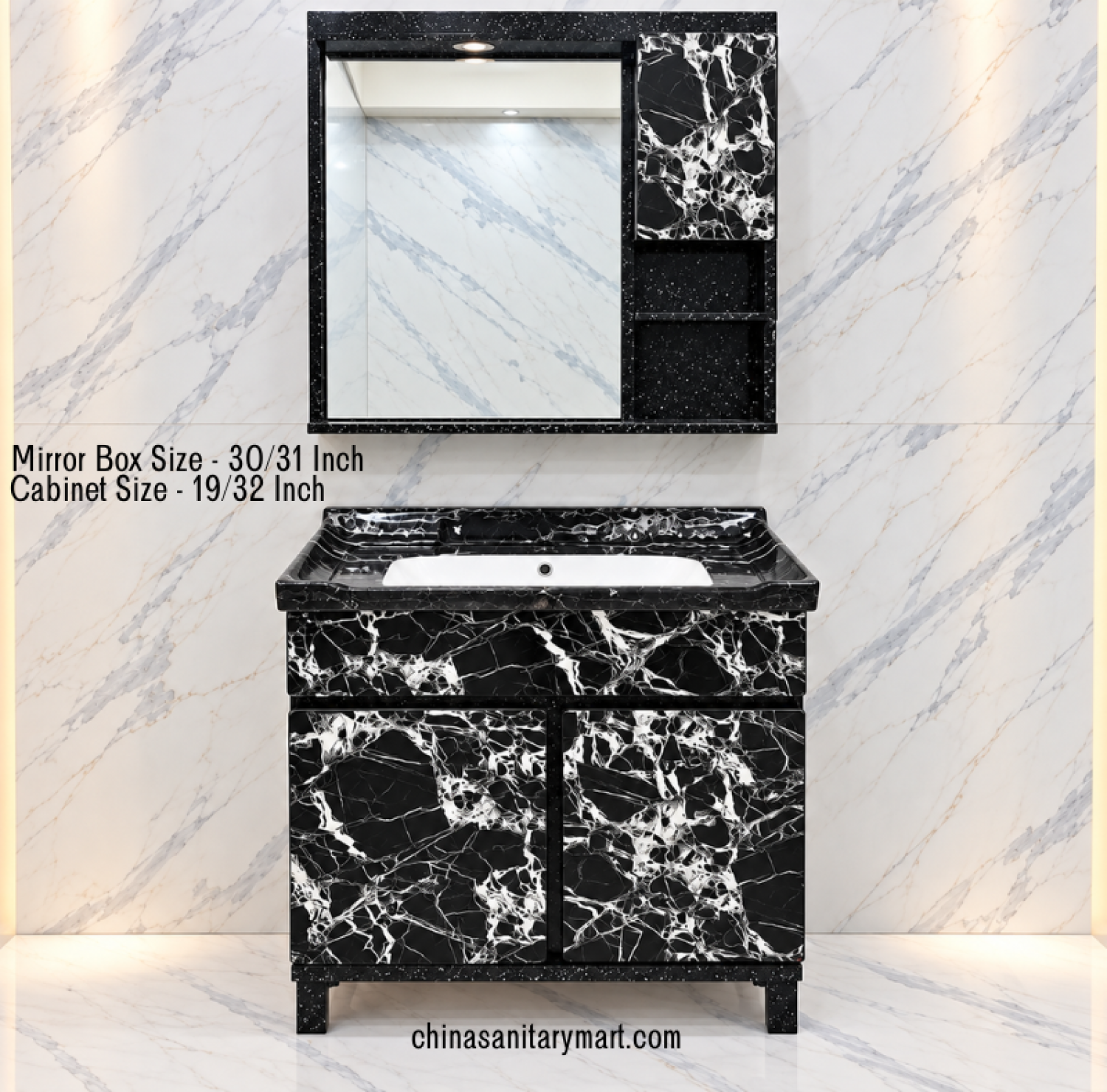 18x24 black marble basin cabinet, integrated white basin, 30x31 black marble box mirror, black marble bathroom vanity, customizable PVC cabinet, marble shed bathroom cabinet