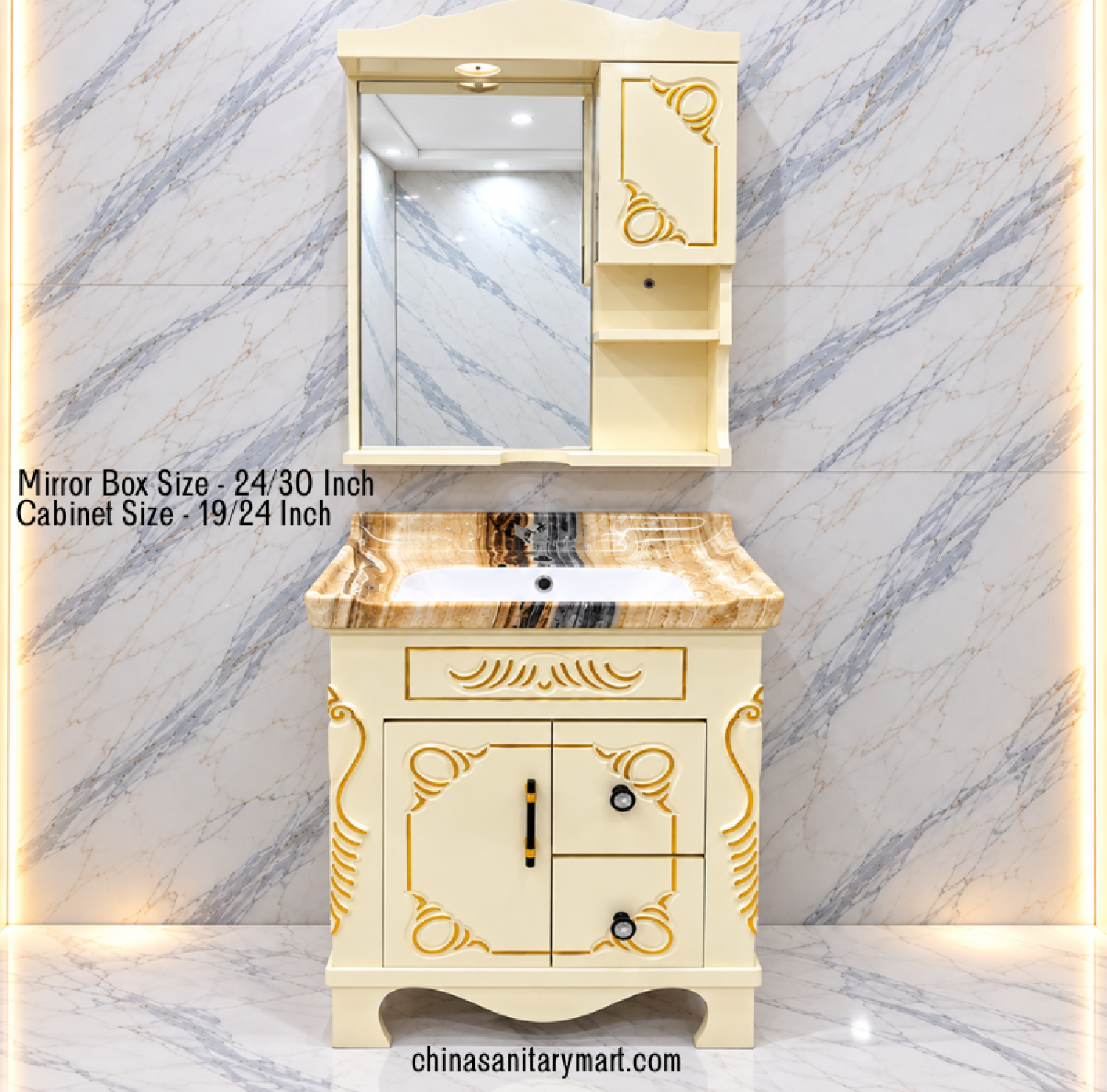 19x24 off white basin cabinet, ivory marble integrated basin, 24x30 box mirror, gold decorative bathroom vanity, customizable PVC basin cabinet, marble shed vanity set
