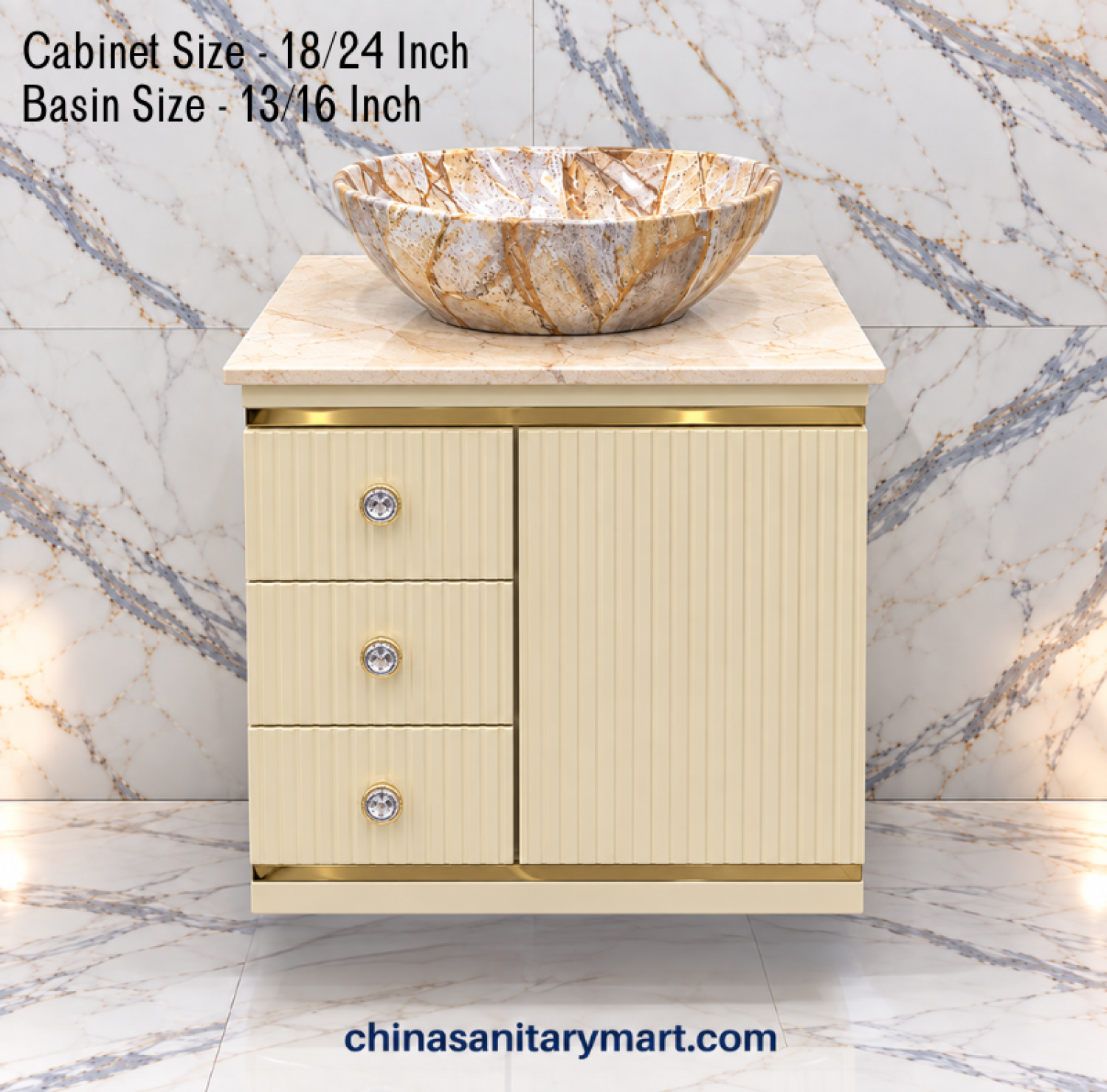 18x24 off white basin cabinet, 13/16 marble counter basin, fluted bathroom vanity, three drawer basin cabinet, customizable PVC cabinet, gold accent bathroom vanity
