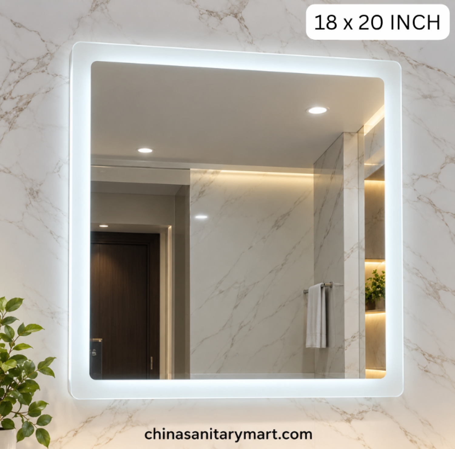 18x20 square LED mirror, frosted edge bathroom mirror, LED vanity mirror, illuminated square mirror, rounded square LED mirror, modern bathroom mirror
