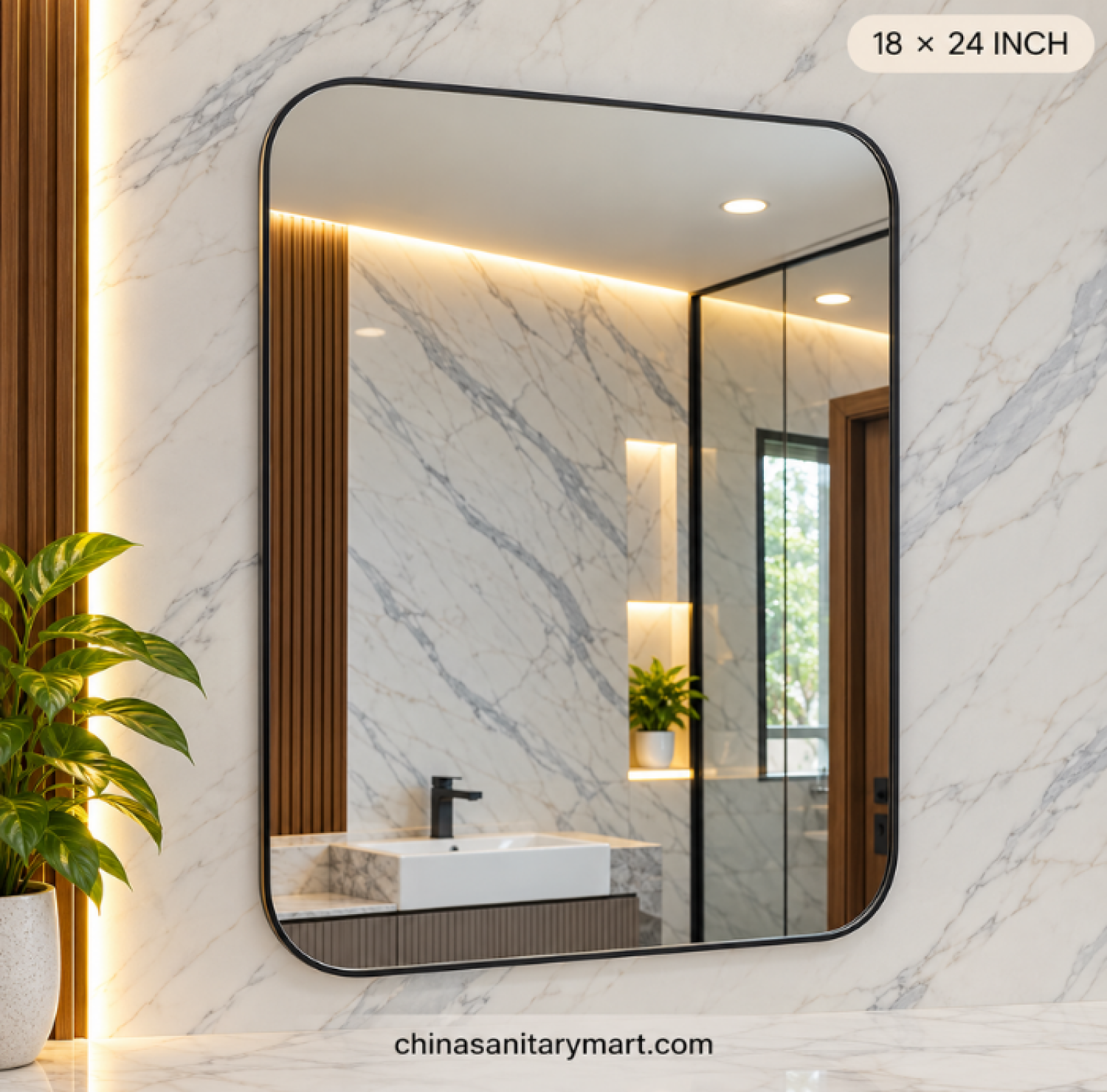 18x24 black frame mirror, rectangular bathroom mirror, rounded corner black mirror, black vanity mirror, modern rectangle wall mirror, black framed bathroom mirror