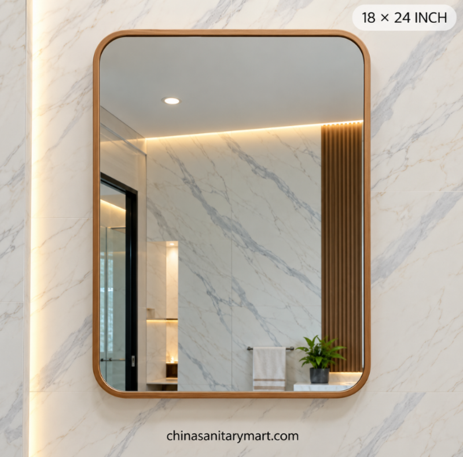 18x24 golden frame mirror, rectangular bathroom mirror, rounded corner golden mirror, golden vanity mirror, modern rectangle wall mirror, luxury framed bathroom mirror