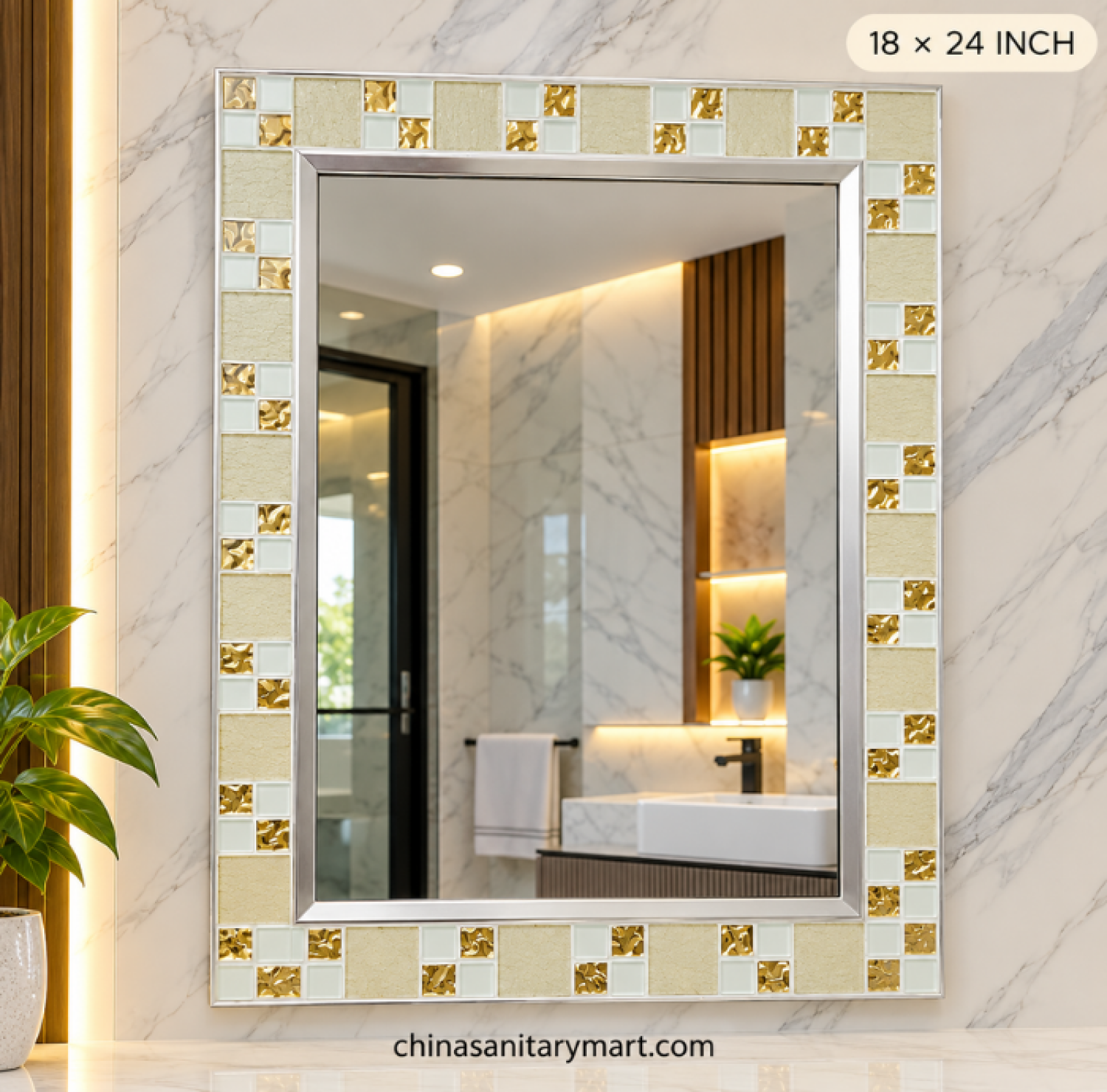 18x24 silver frame mirror, unique rectangle bathroom mirror, decorative silver mirror, gold accent wall mirror, luxury vanity mirror, textured frame bathroom mirror